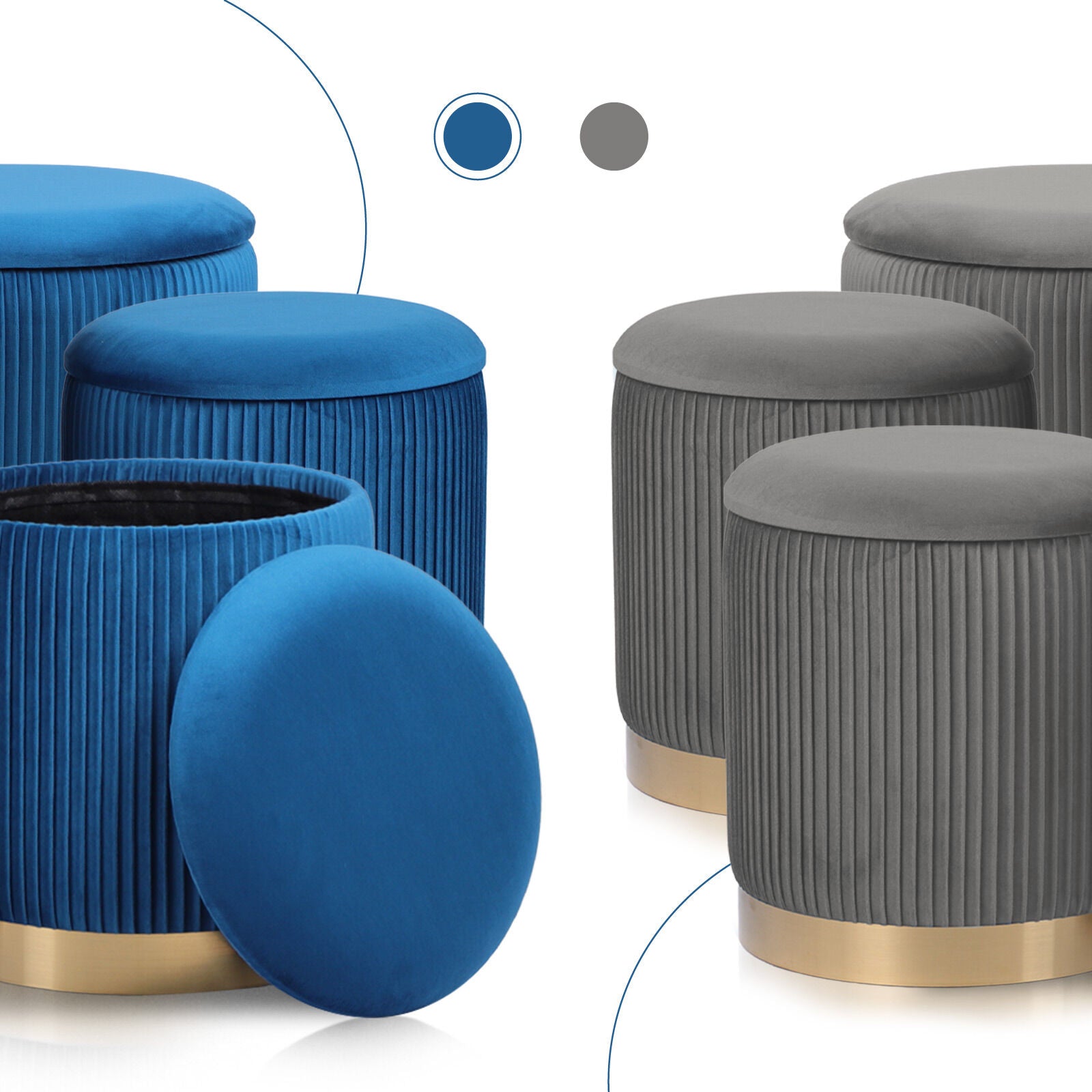 Ottomans & Footstools: 3 Piece Set Storage Ottoman - Blanket Box Velvet Padded Bench Stool FAYE BLUE