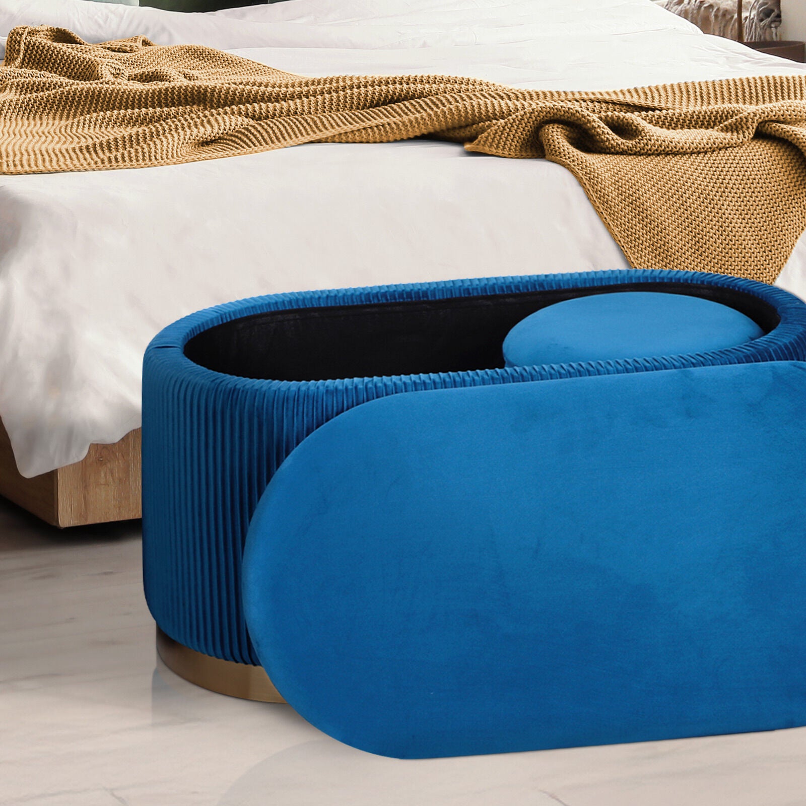 Ottomans & Footstools: 3 Piece Set Storage Ottoman - Blanket Box Velvet Padded Bench Stool FAYE BLUE