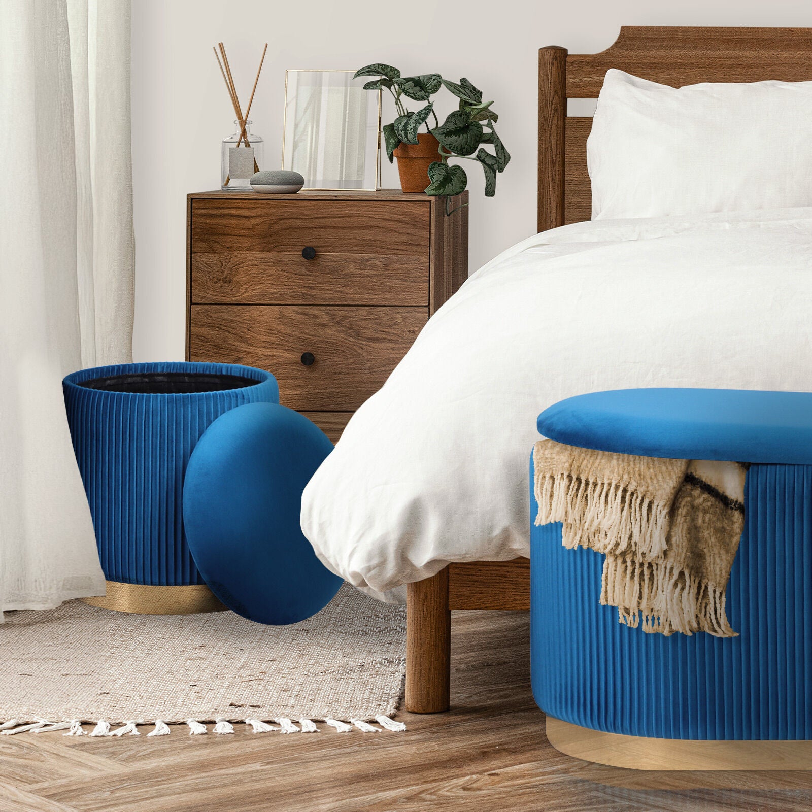 Ottomans & Footstools: 3 Piece Set Storage Ottoman - Blanket Box Velvet Padded Bench Stool FAYE BLUE