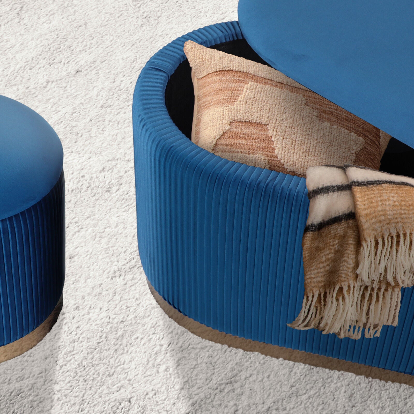 Ottomans & Footstools: 3 Piece Set Storage Ottoman - Blanket Box Velvet Padded Bench Stool FAYE BLUE