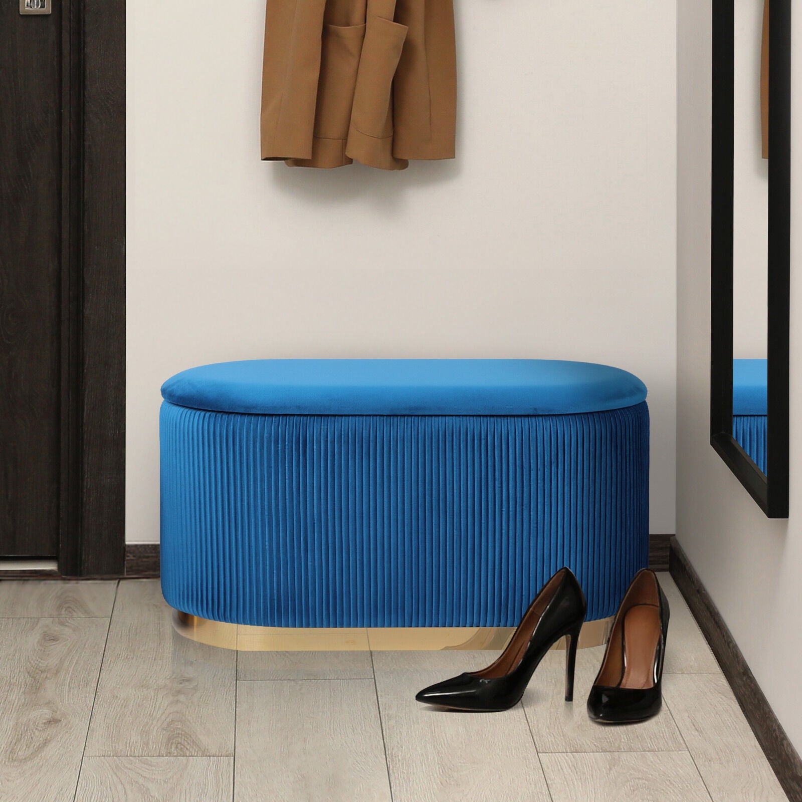 Ottomans & Footstools: 3 Piece Set Storage Ottoman - Blanket Box Velvet Padded Bench Stool FAYE BLUE