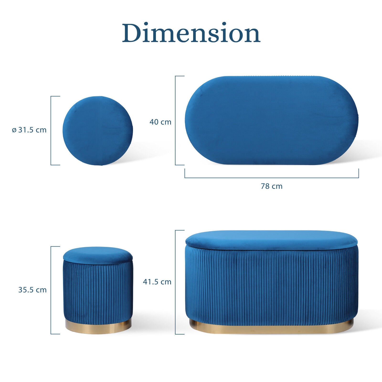 Ottomans & Footstools: 3 Piece Set Storage Ottoman - Blanket Box Velvet Padded Bench Stool FAYE BLUE