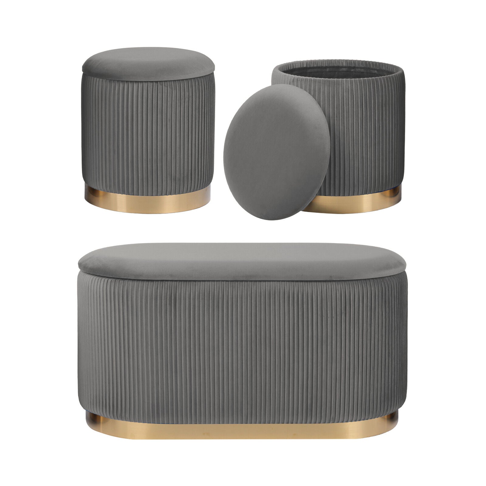 Ottomans & Footstools: 3 Piece Set Storage Ottoman - Blanket Box Velvet Padded Bench Stool FAYE GREY
