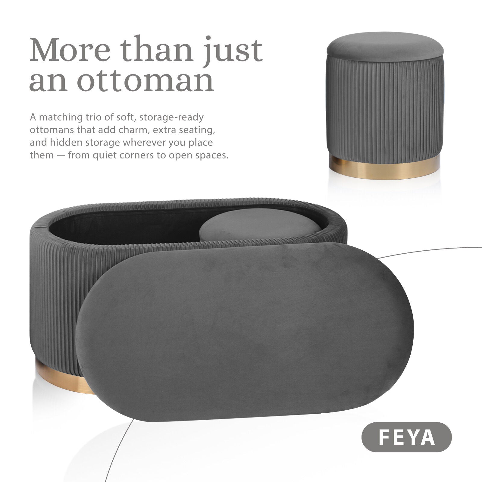 Ottomans & Footstools: 3 Piece Set Storage Ottoman - Blanket Box Velvet Padded Bench Stool FAYE GREY