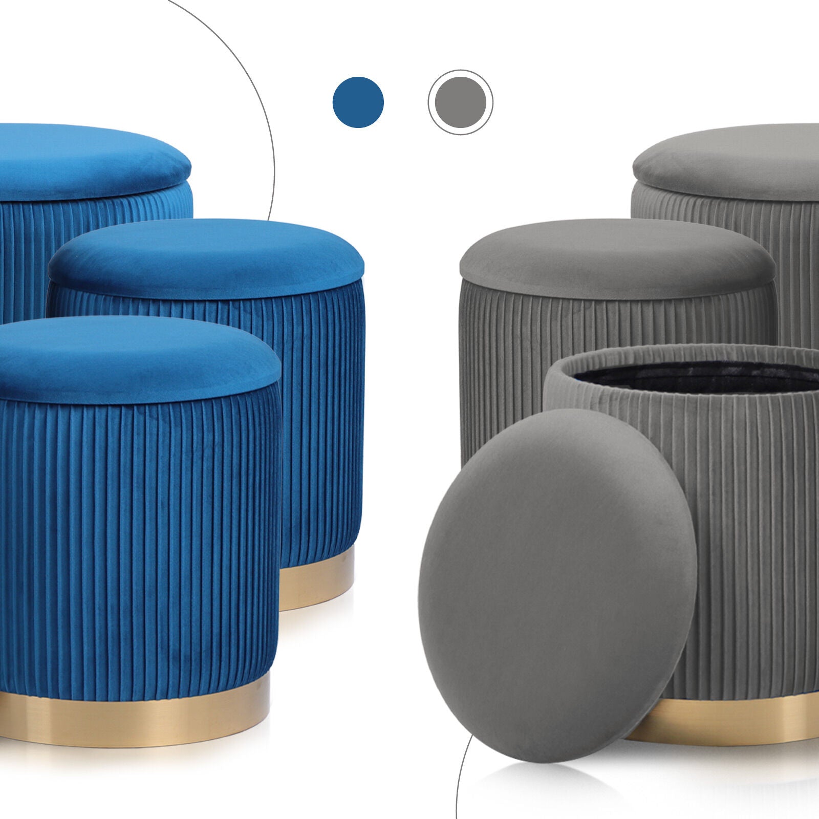 Ottomans & Footstools: 3 Piece Set Storage Ottoman - Blanket Box Velvet Padded Bench Stool FAYE GREY