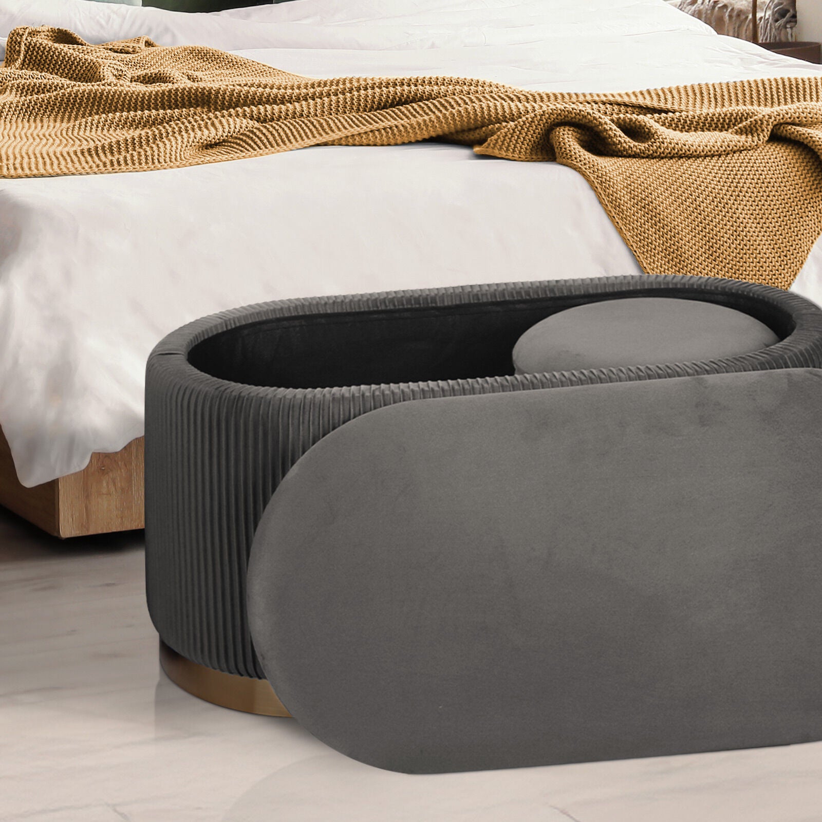 Ottomans & Footstools: 3 Piece Set Storage Ottoman - Blanket Box Velvet Padded Bench Stool FAYE GREY