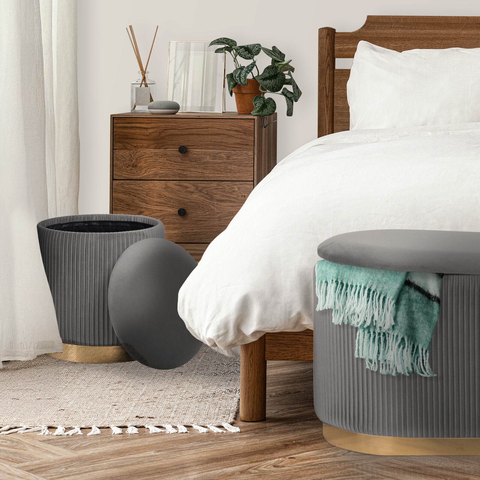Ottomans & Footstools: 3 Piece Set Storage Ottoman - Blanket Box Velvet Padded Bench Stool FAYE GREY
