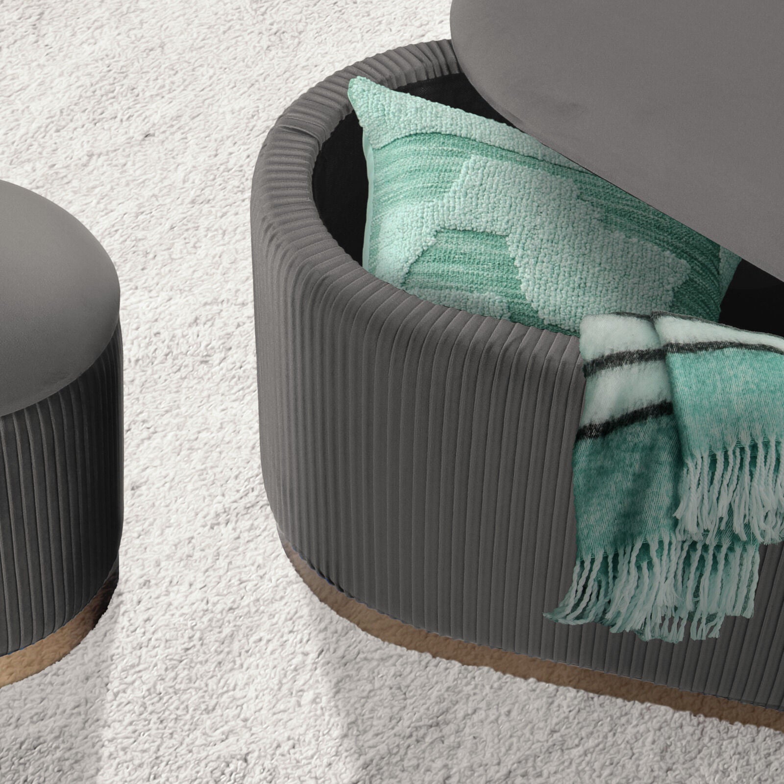 Ottomans & Footstools: 3 Piece Set Storage Ottoman - Blanket Box Velvet Padded Bench Stool FAYE GREY