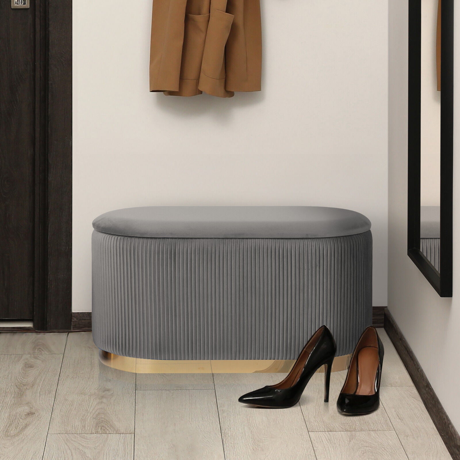 Ottomans & Footstools: 3 Piece Set Storage Ottoman - Blanket Box Velvet Padded Bench Stool FAYE GREY
