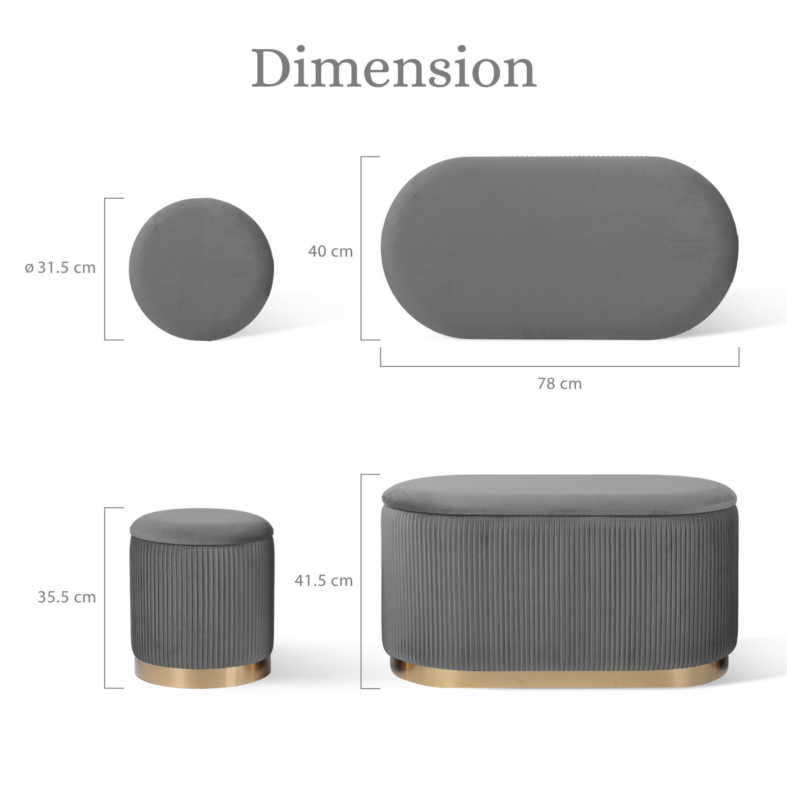 Ottomans & Footstools: 3 Piece Set Storage Ottoman - Blanket Box Velvet Padded Bench Stool FAYE GREY