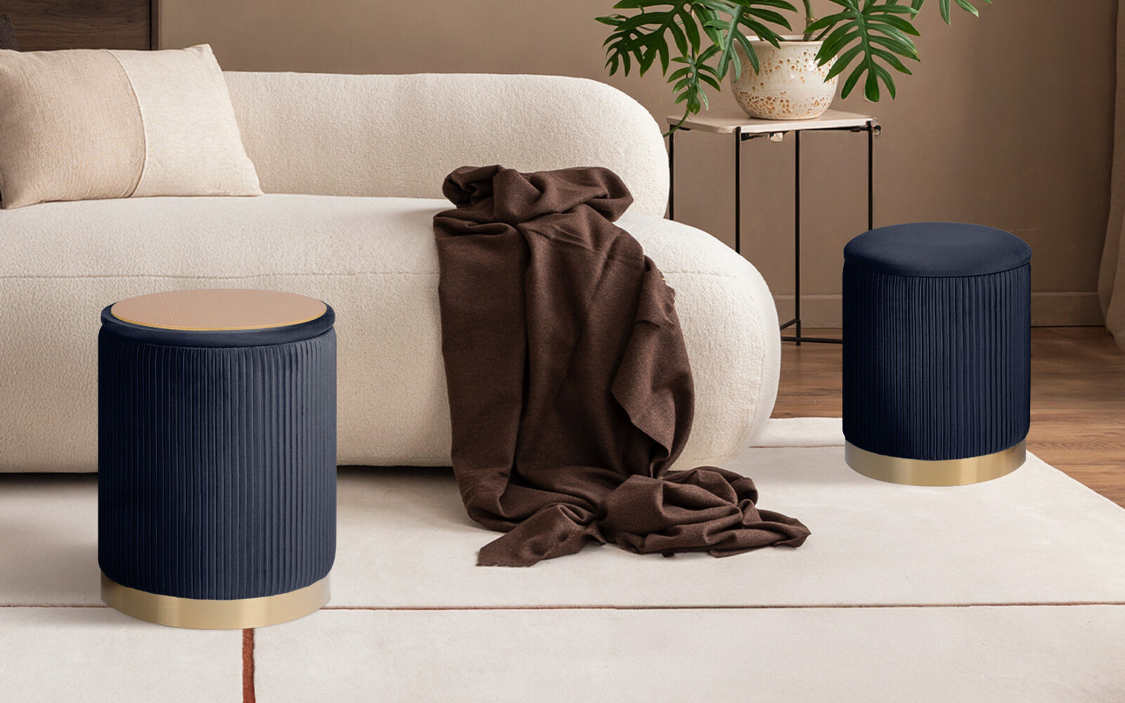 Ottomans & Footstools: 2X Side Table Storage Ottoman - Velvet Stool MIRA Black