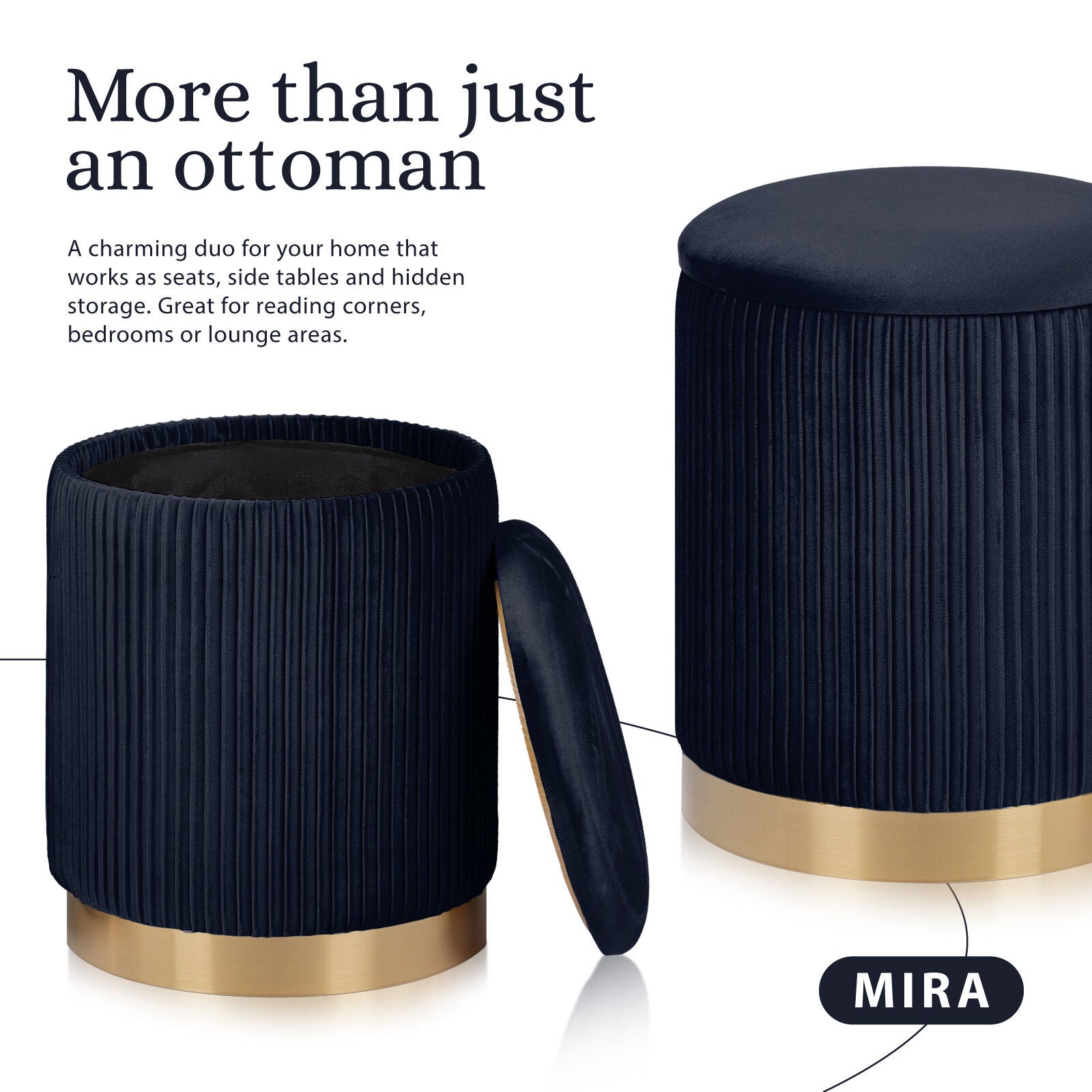 Ottomans & Footstools: 2X Side Table Storage Ottoman - Velvet Stool MIRA Black