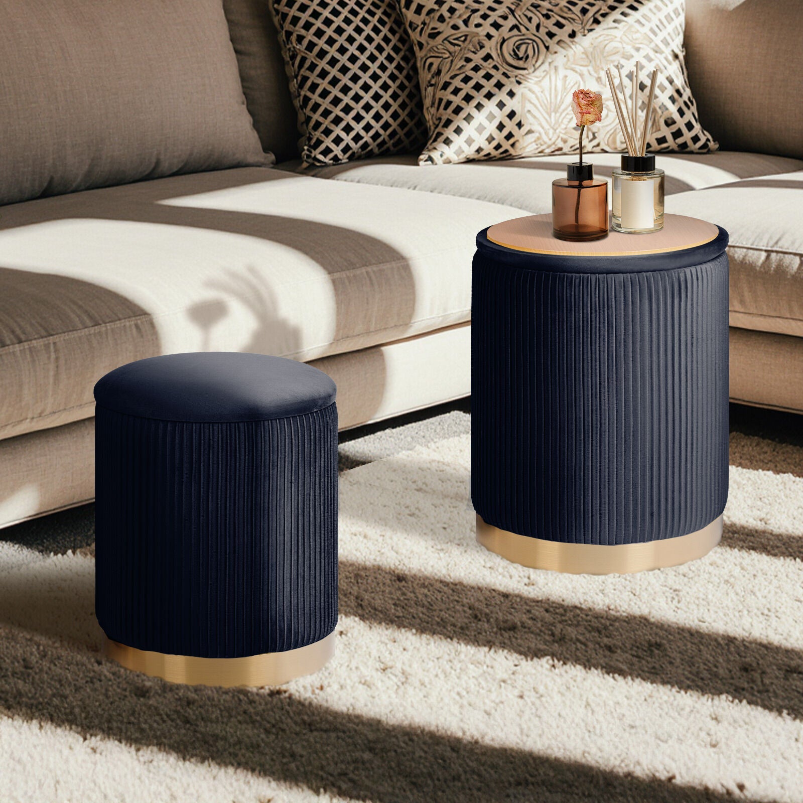 Ottomans & Footstools: 2X Side Table Storage Ottoman - Velvet Stool MIRA Black