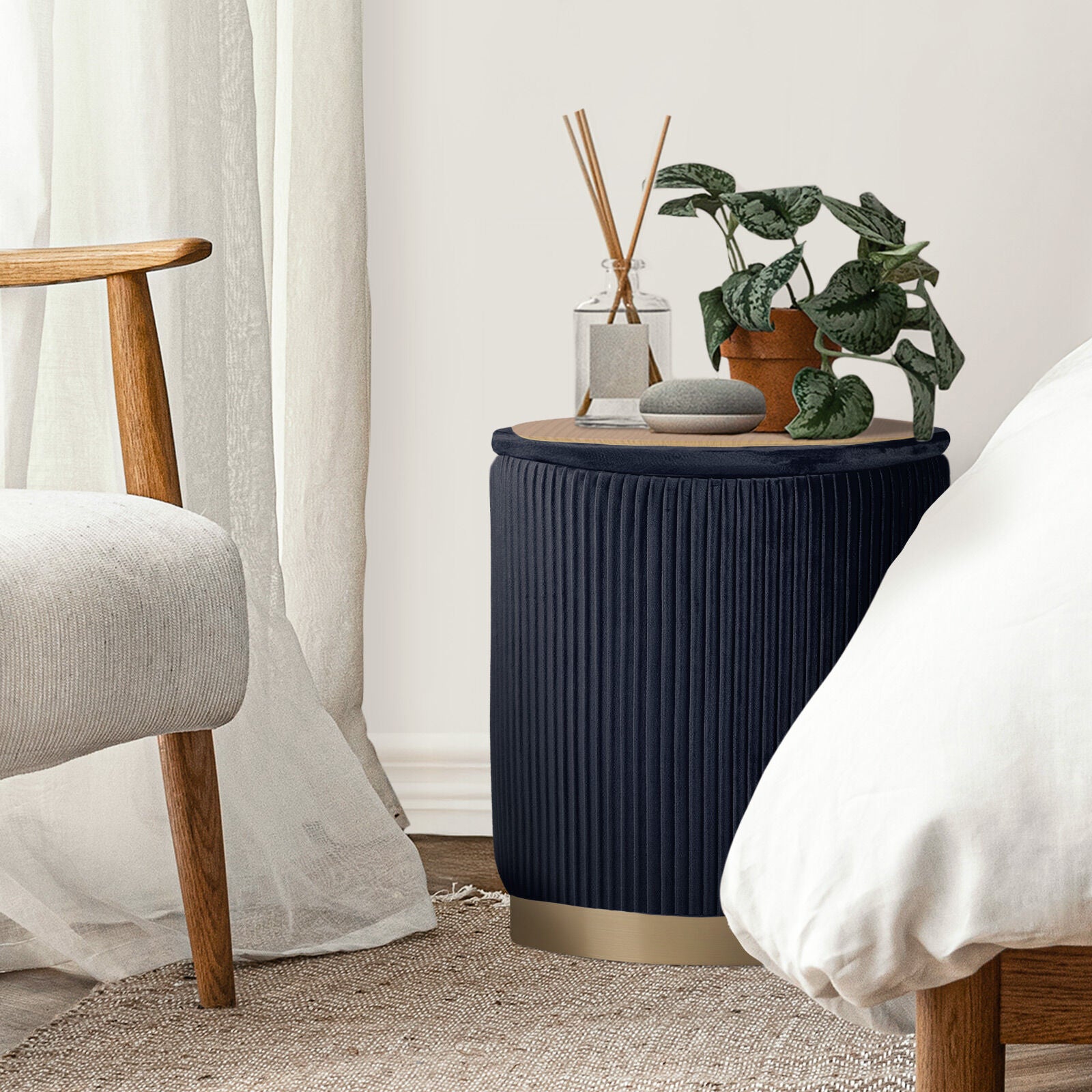 Ottomans & Footstools: 2X Side Table Storage Ottoman - Velvet Stool MIRA Black