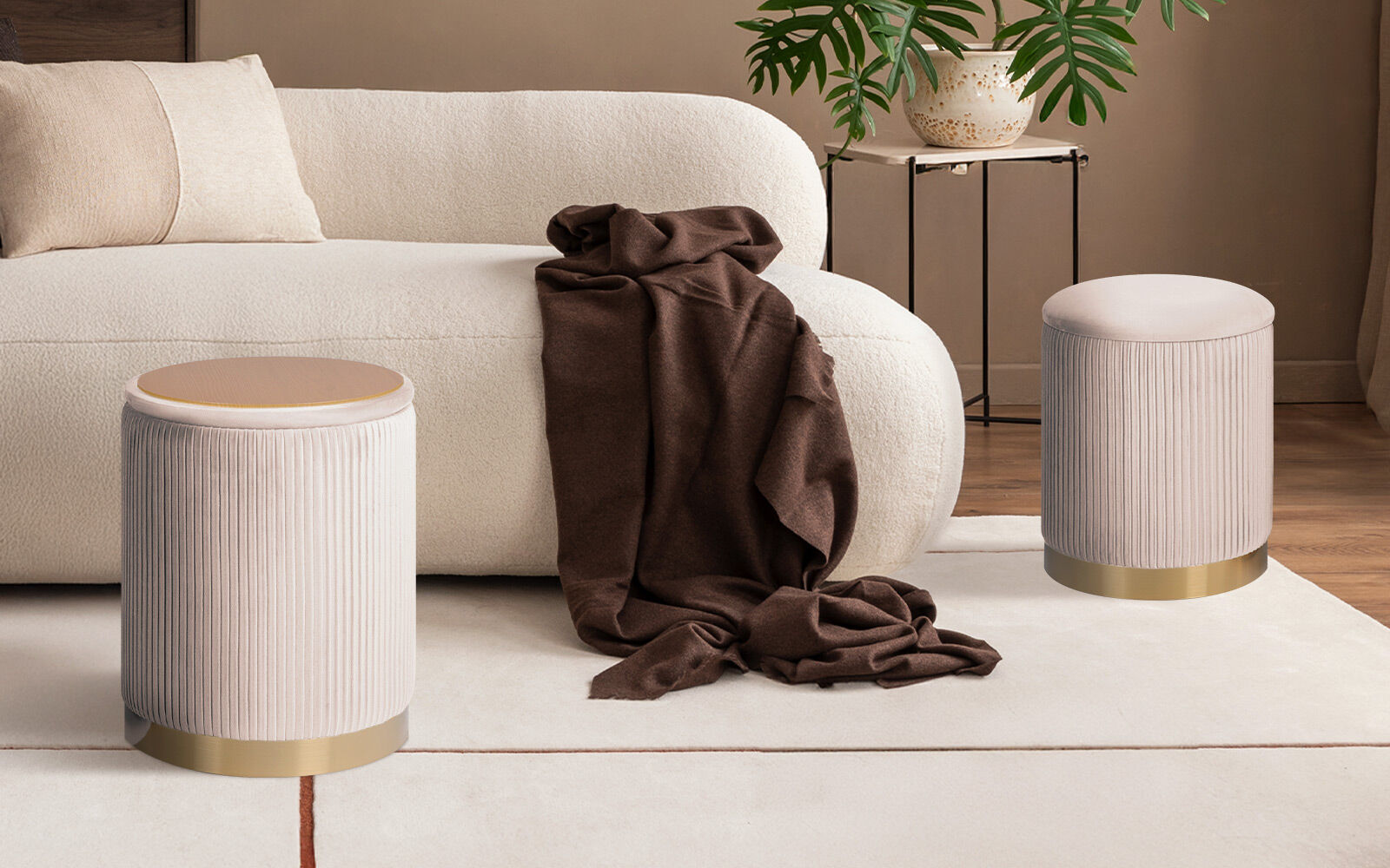 Ottomans & Footstools: 2X Side Table Storage Ottoman - Velvet Stool MIRA Cream