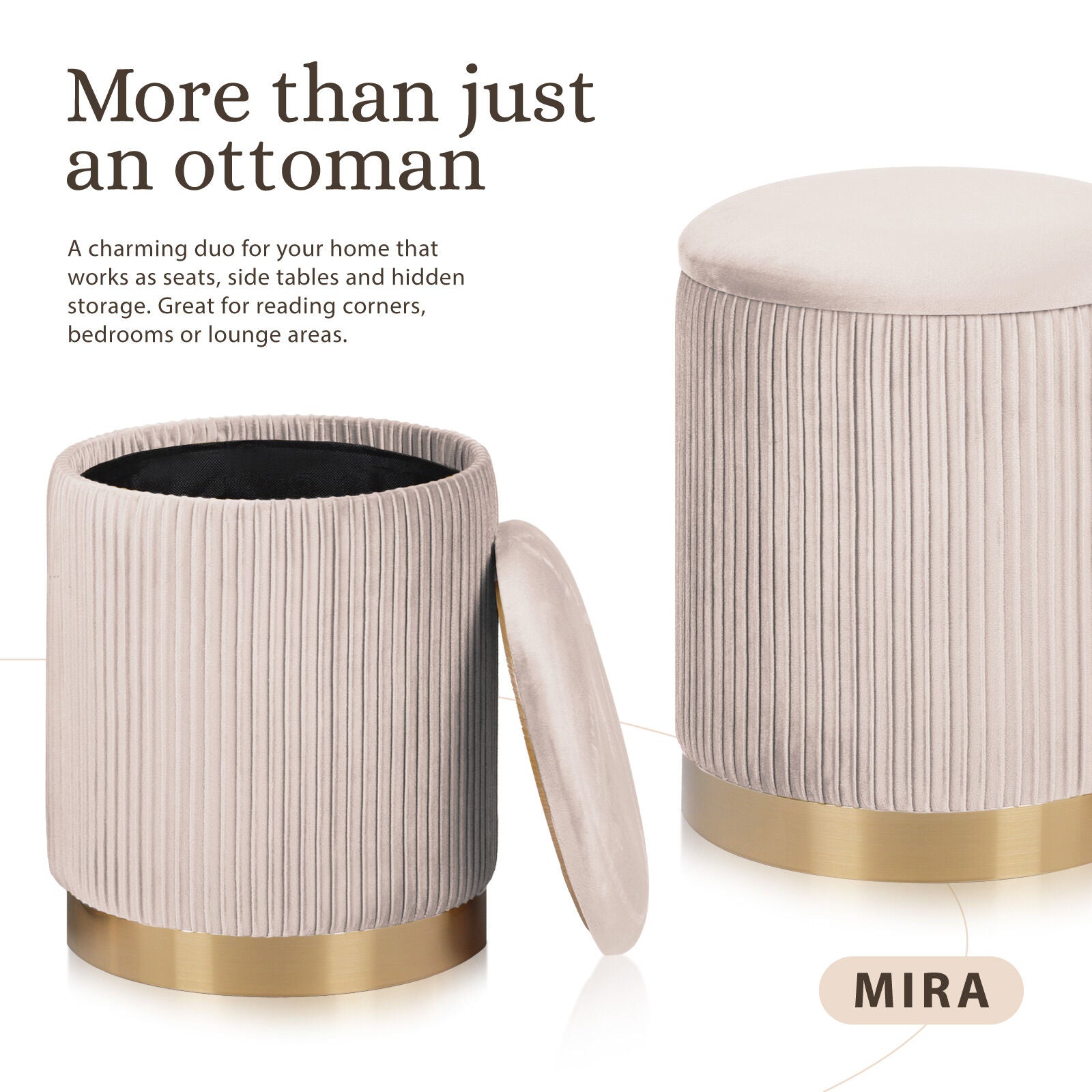 Ottomans & Footstools: 2X Side Table Storage Ottoman - Velvet Stool MIRA Cream
