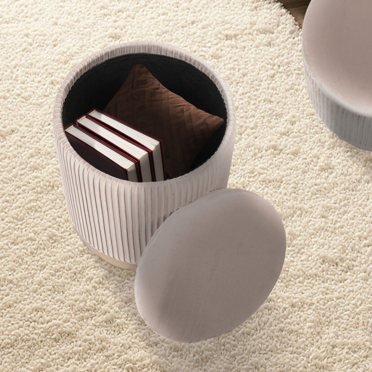 Ottomans & Footstools: 2X Side Table Storage Ottoman - Velvet Stool MIRA Cream