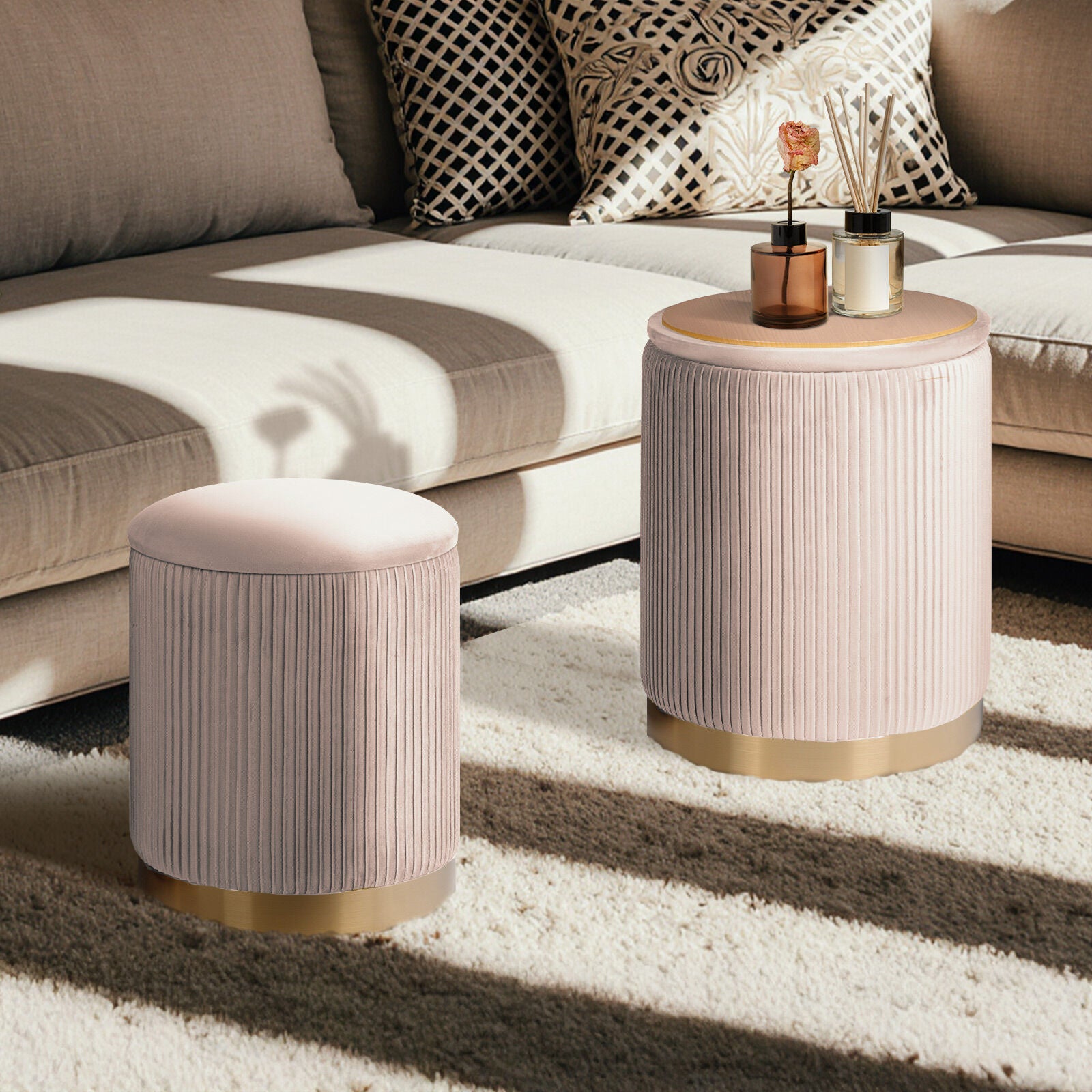 Ottomans & Footstools: 2X Side Table Storage Ottoman - Velvet Stool MIRA Cream
