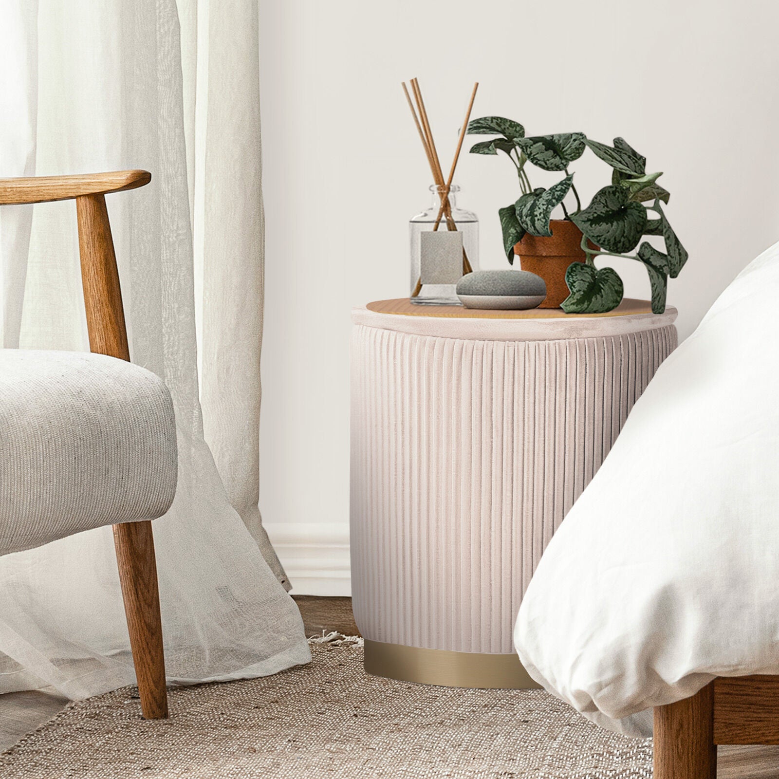 Ottomans & Footstools: 2X Side Table Storage Ottoman - Velvet Stool MIRA Cream