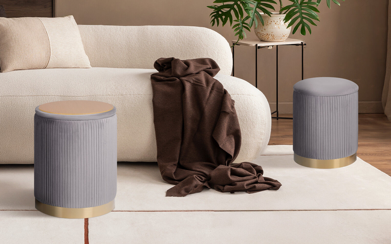 Ottomans & Footstools: 2X Side Table Storage Ottoman - Velvet Stool MIRA Grey
