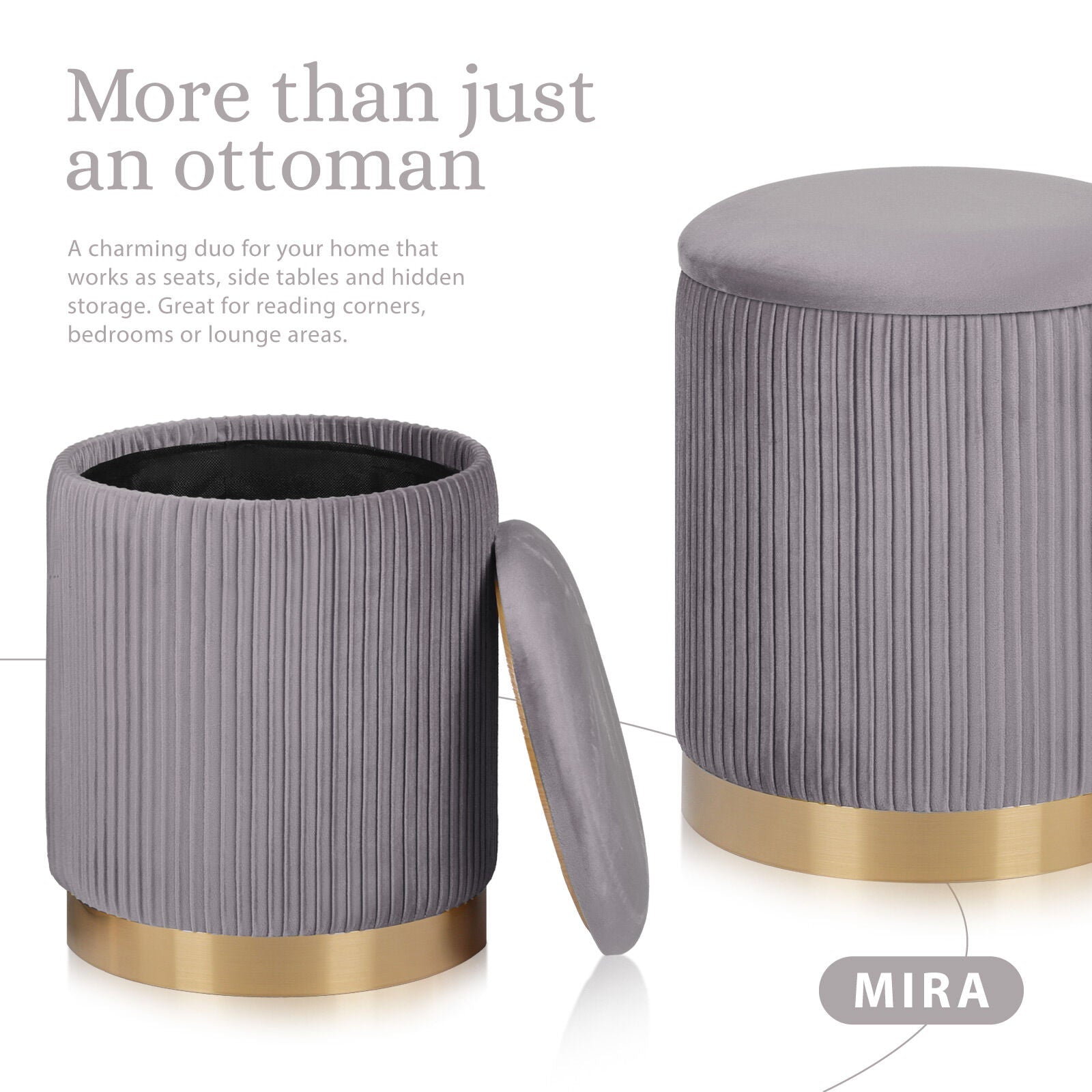 Ottomans & Footstools: 2X Side Table Storage Ottoman - Velvet Stool MIRA Grey