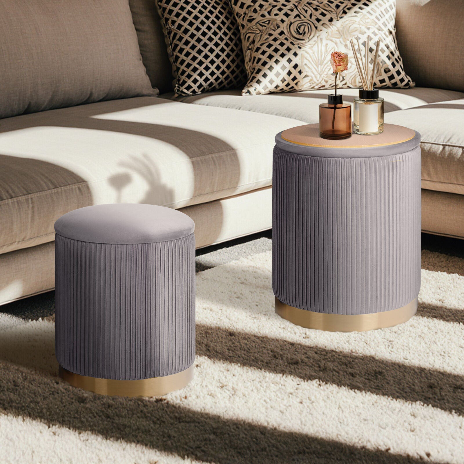 Ottomans & Footstools: 2X Side Table Storage Ottoman - Velvet Stool MIRA Grey