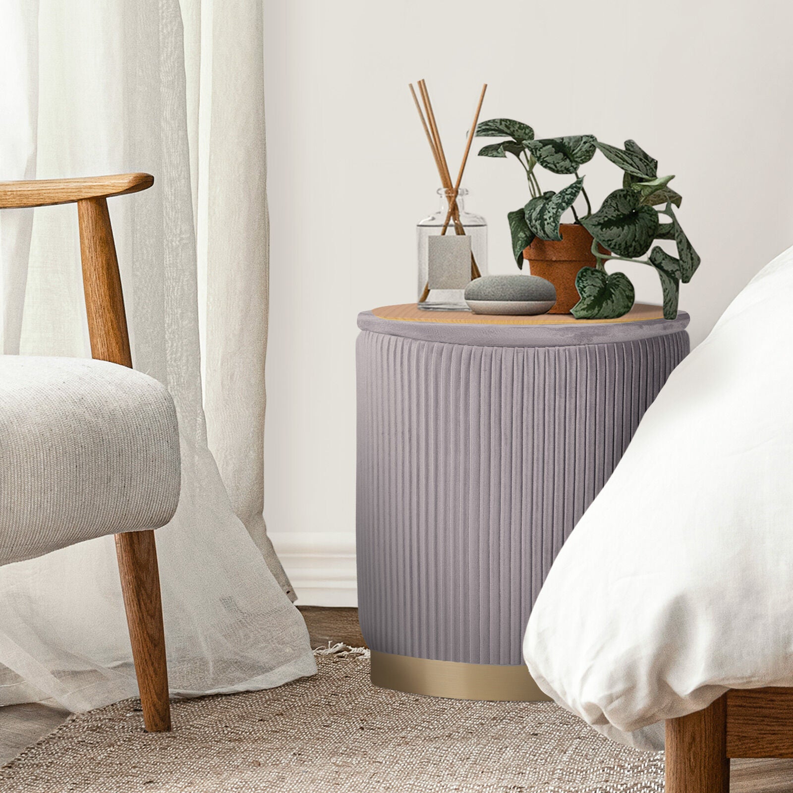 Ottomans & Footstools: 2X Side Table Storage Ottoman - Velvet Stool MIRA Grey