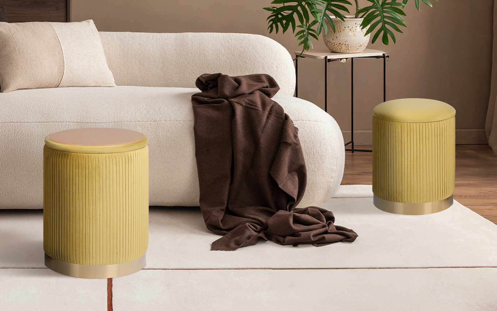 Ottomans & Footstools: 2X Side Table Storage Ottoman - Velvet Stool MIRA Mustard