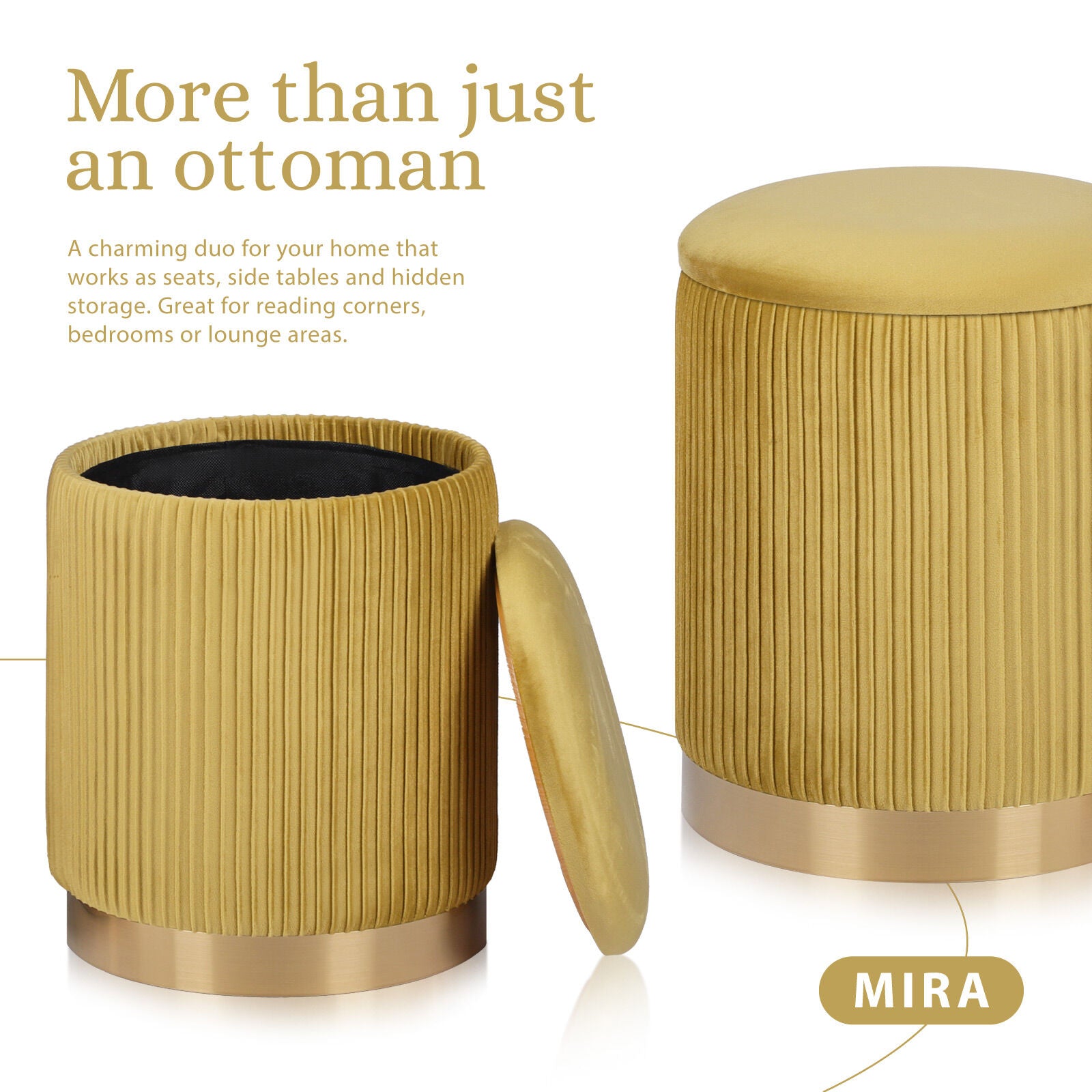 Ottomans & Footstools: 2X Side Table Storage Ottoman - Velvet Stool MIRA Mustard