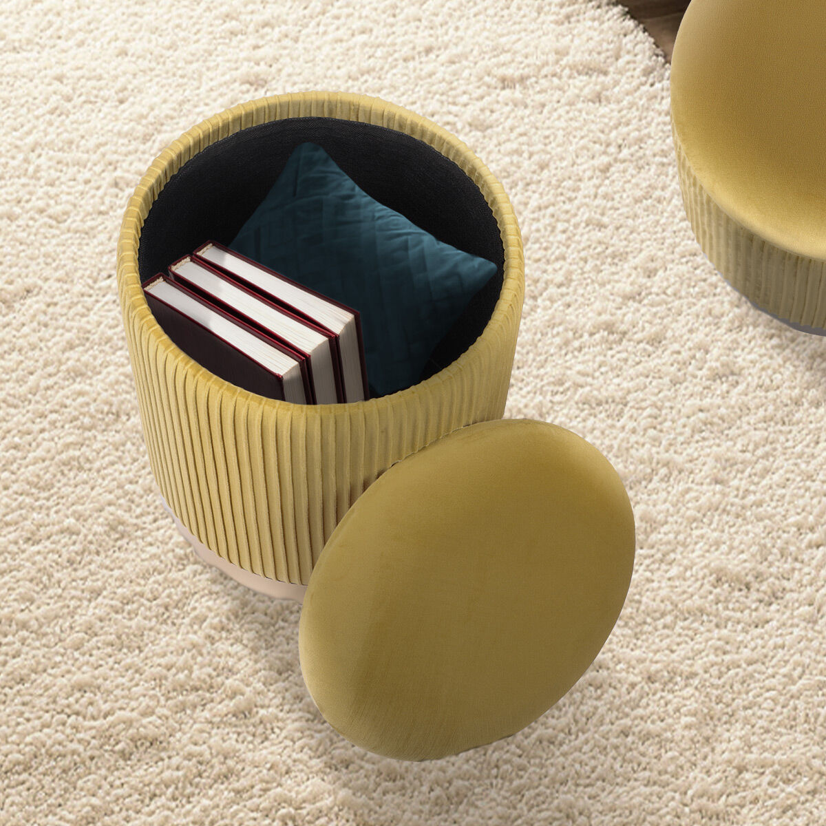 Ottomans & Footstools: 2X Side Table Storage Ottoman - Velvet Stool MIRA Mustard
