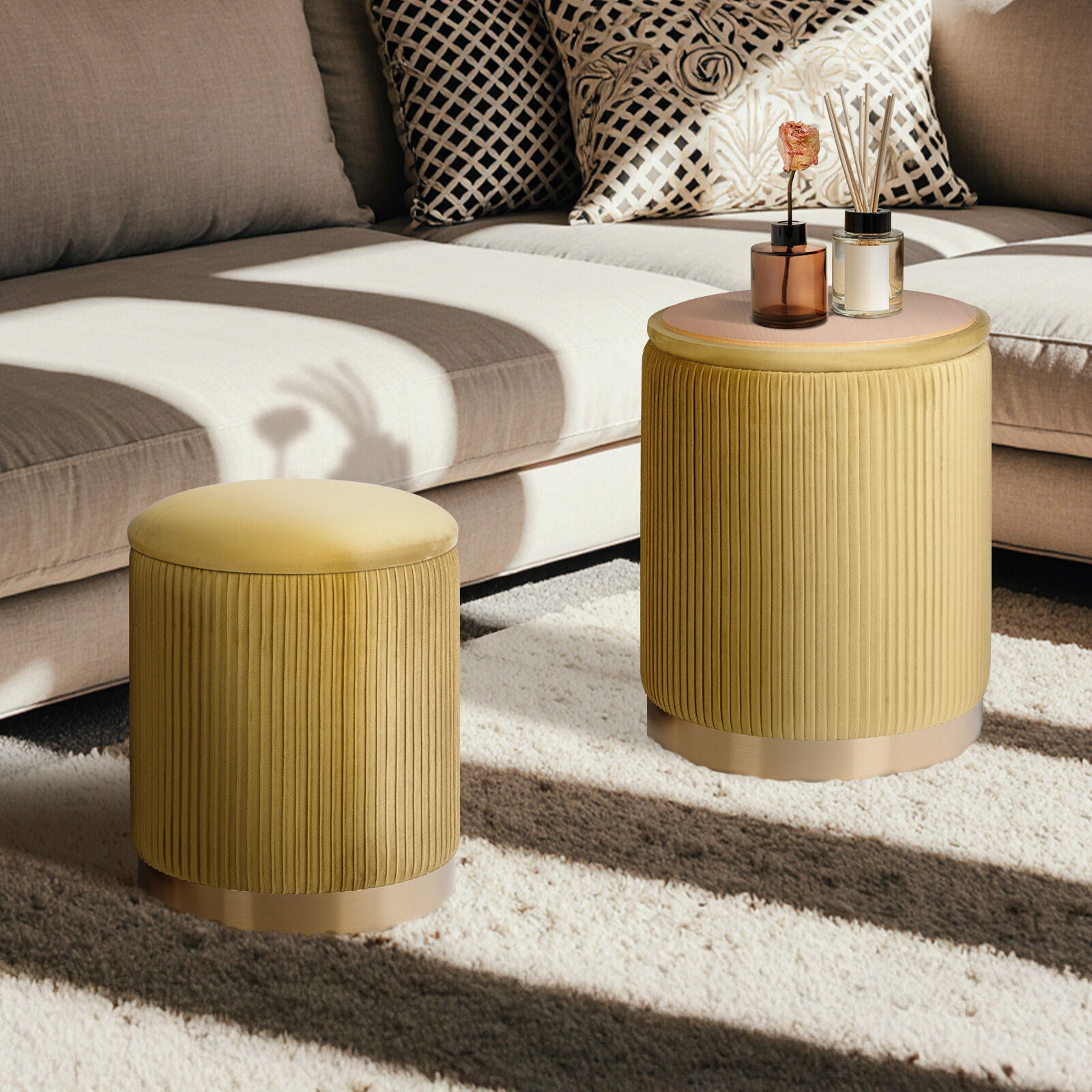 Ottomans & Footstools: 2X Side Table Storage Ottoman - Velvet Stool MIRA Mustard