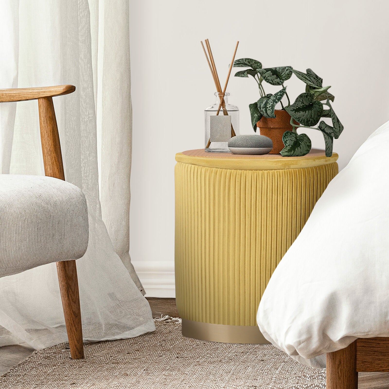 Ottomans & Footstools: 2X Side Table Storage Ottoman - Velvet Stool MIRA Mustard