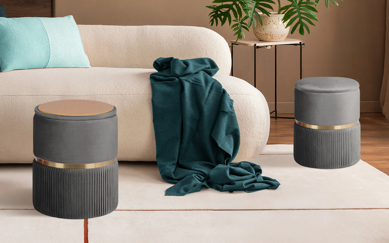 Ottomans & Footstools: 2X Side Table Storage Ottoman - Velvet Padded Stool Vanity Footstool REMI GREY