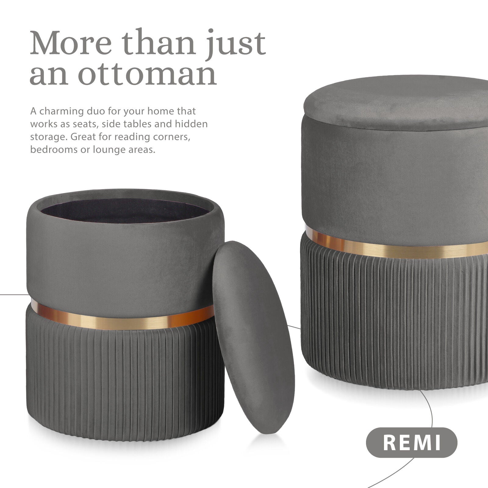 Ottomans & Footstools: 2X Side Table Storage Ottoman - Velvet Padded Stool Vanity Footstool REMI GREY
