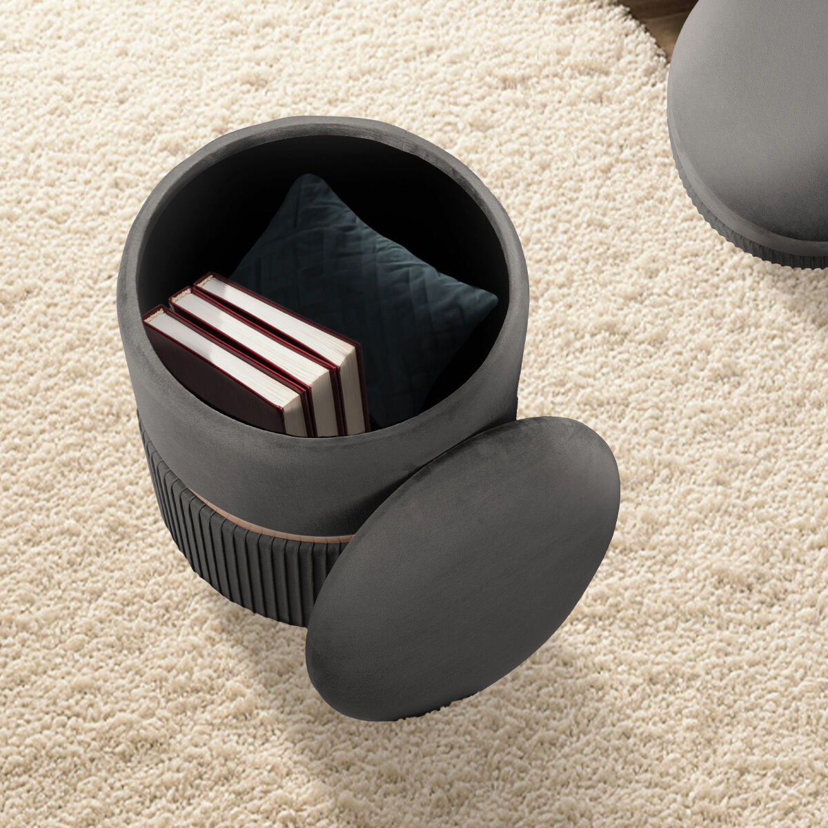 Ottomans & Footstools: 2X Side Table Storage Ottoman - Velvet Padded Stool Vanity Footstool REMI GREY
