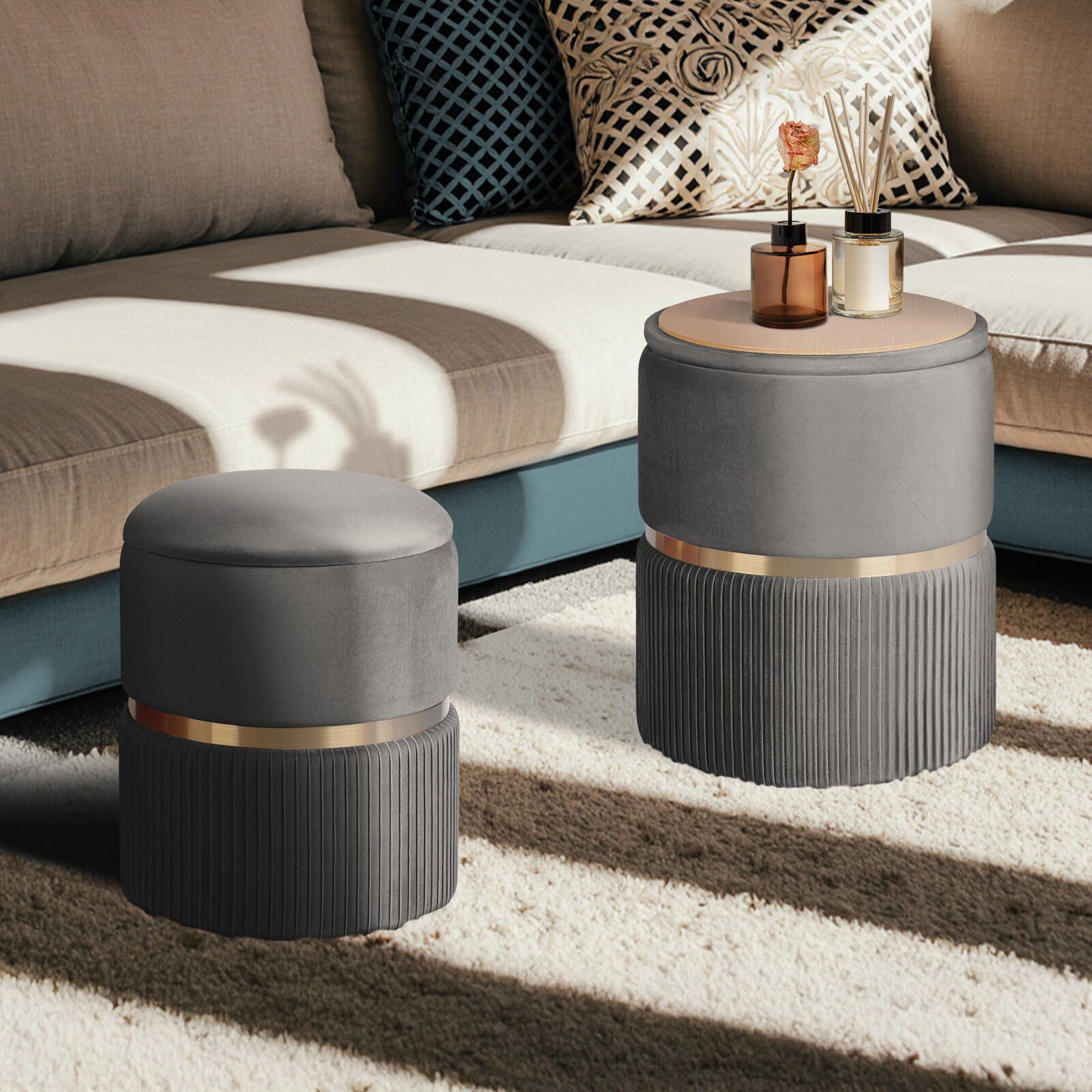 Ottomans & Footstools: 2X Side Table Storage Ottoman - Velvet Padded Stool Vanity Footstool REMI GREY