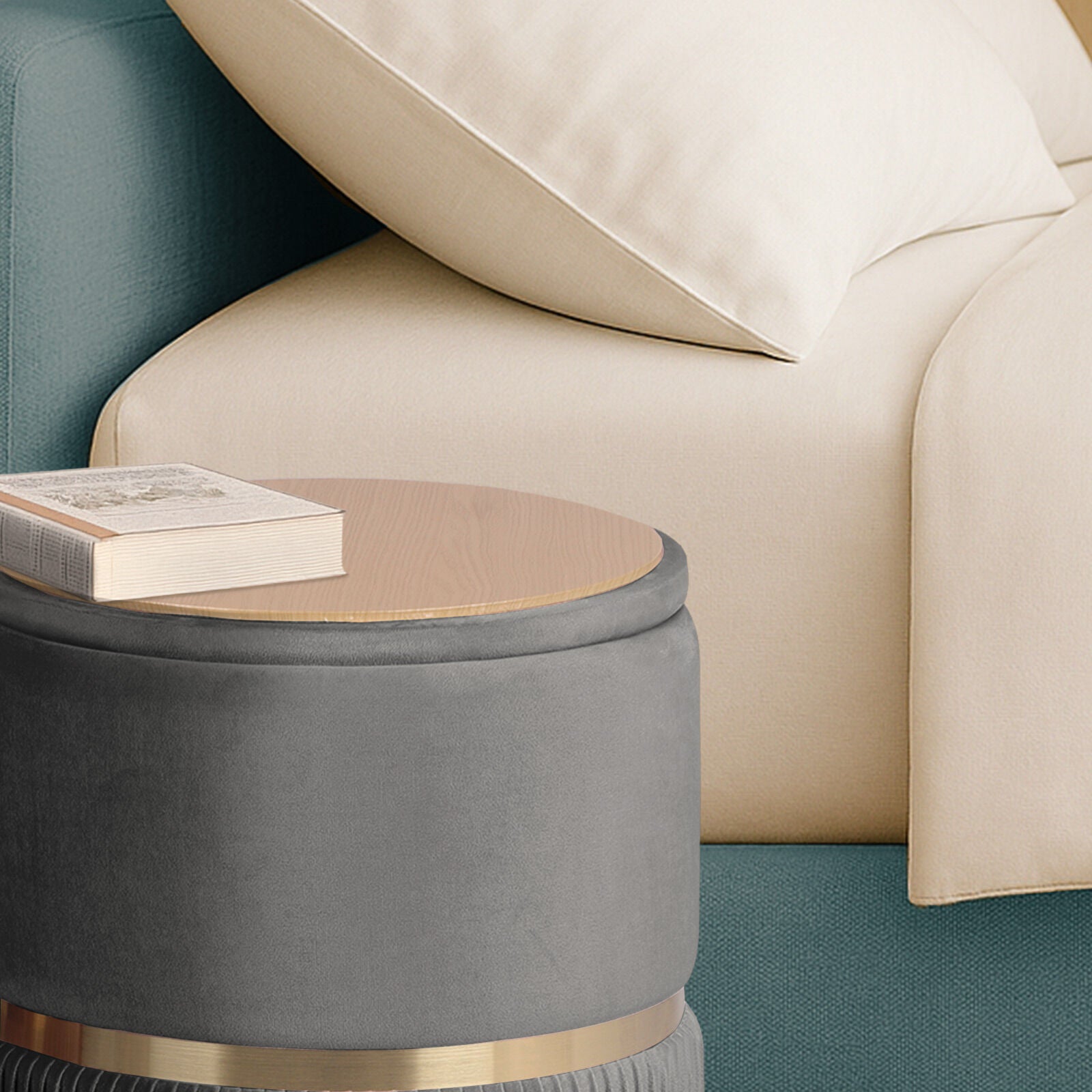 Ottomans & Footstools: 2X Side Table Storage Ottoman - Velvet Padded Stool Vanity Footstool REMI GREY