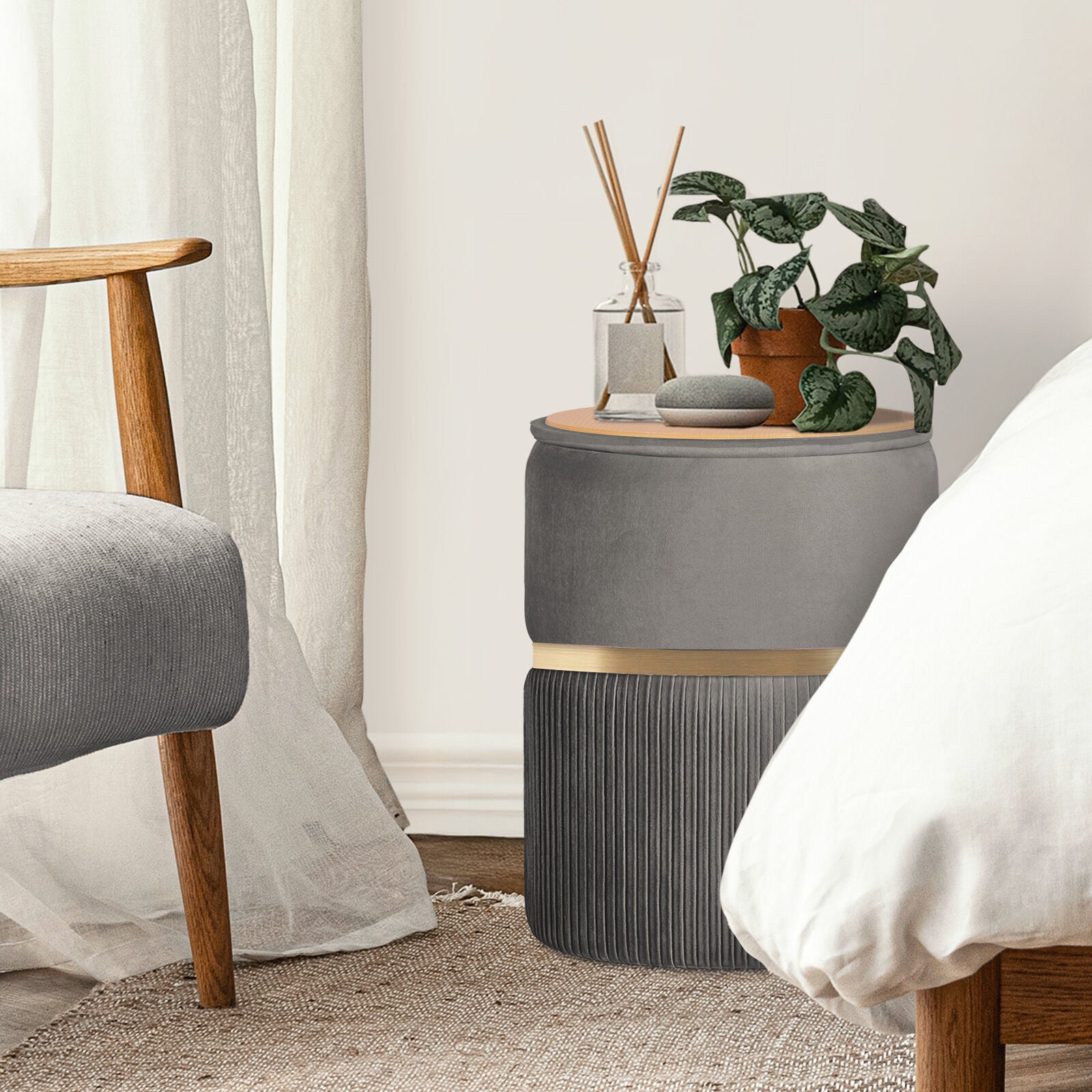 Ottomans & Footstools: 2X Side Table Storage Ottoman - Velvet Padded Stool Vanity Footstool REMI GREY