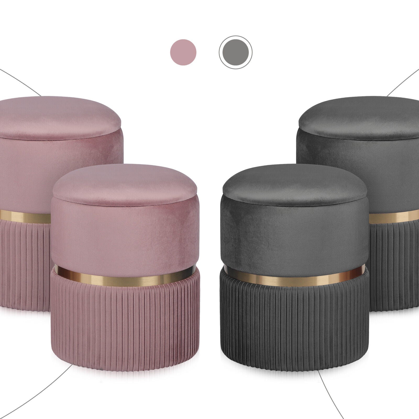 Ottomans & Footstools: 2X Side Table Storage Ottoman - Velvet Padded Stool Vanity Footstool REMI GREY