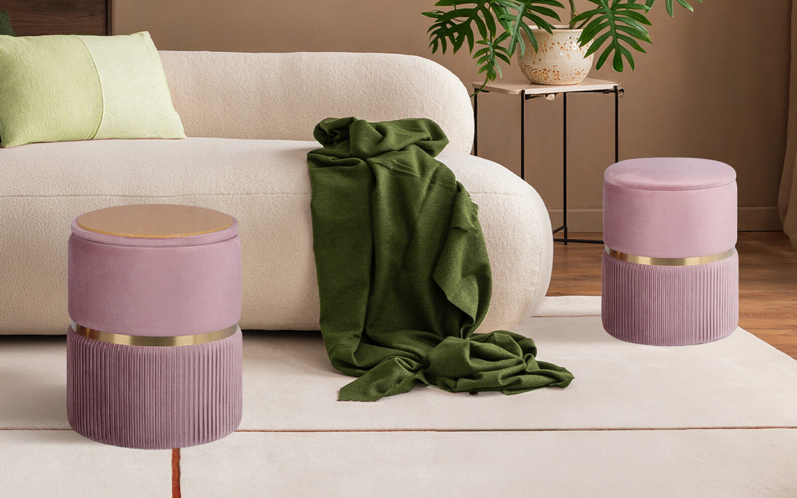 Ottomans & Footstools: 2X Side Table Storage Ottoman - Velvet Padded Stool Vanity Footstool REMI Pink
