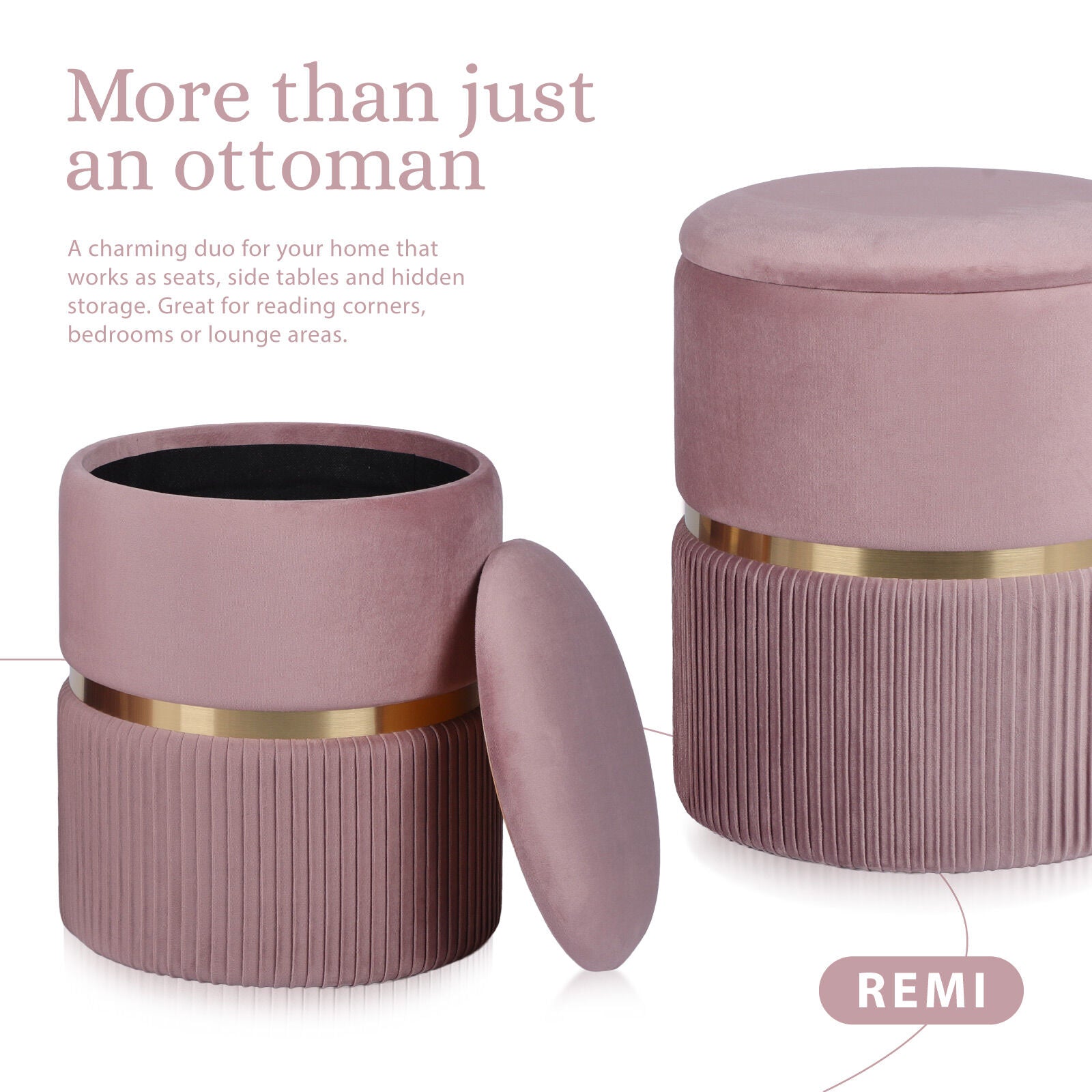 Ottomans & Footstools: 2X Side Table Storage Ottoman - Velvet Padded Stool Vanity Footstool REMI Pink