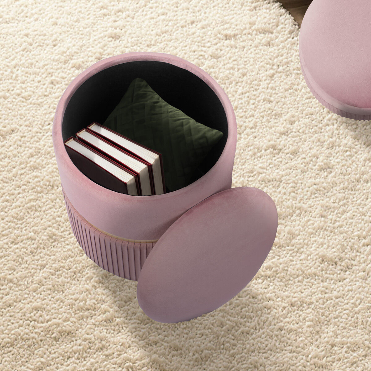 Ottomans & Footstools: 2X Side Table Storage Ottoman - Velvet Padded Stool Vanity Footstool REMI Pink
