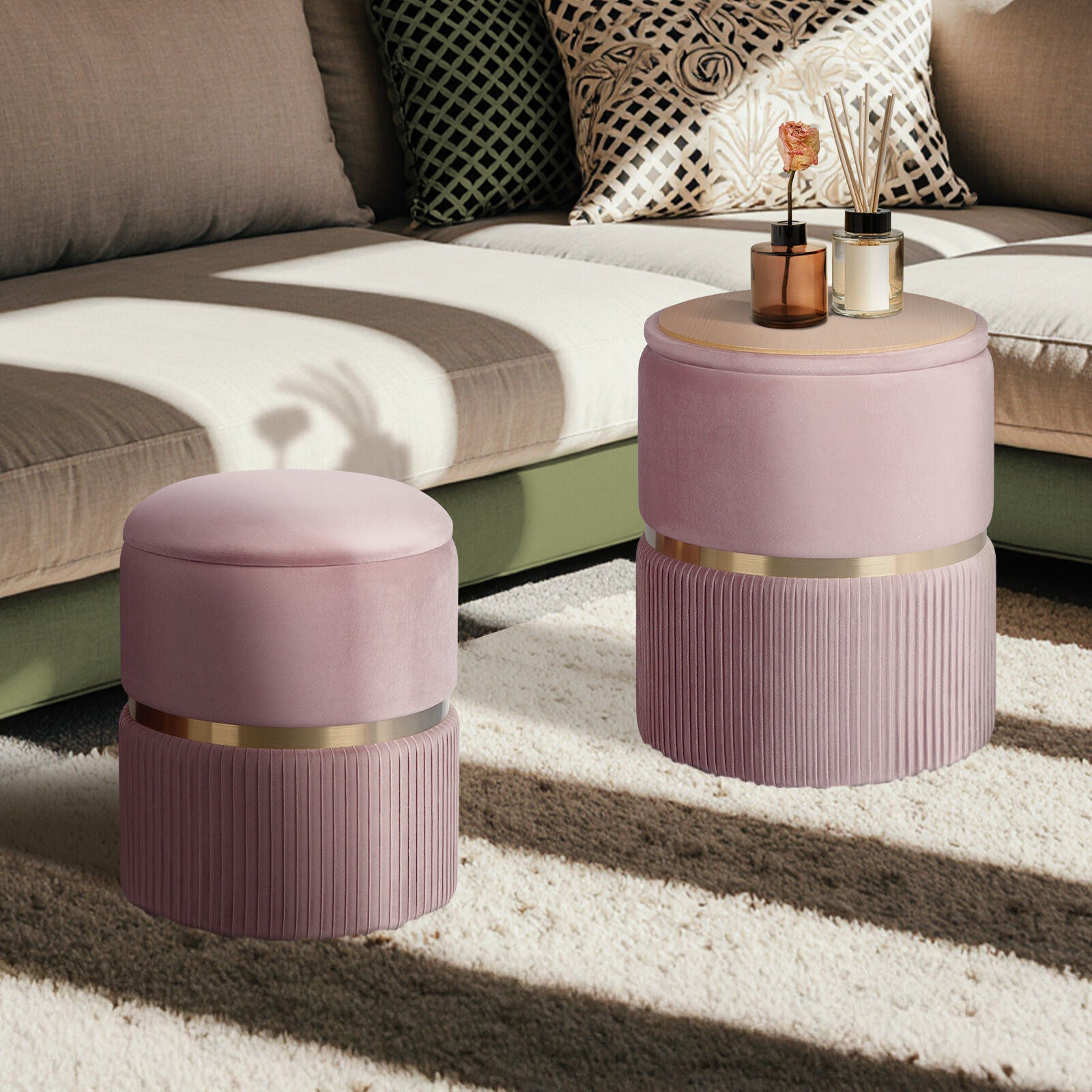 Ottomans & Footstools: 2X Side Table Storage Ottoman - Velvet Padded Stool Vanity Footstool REMI Pink