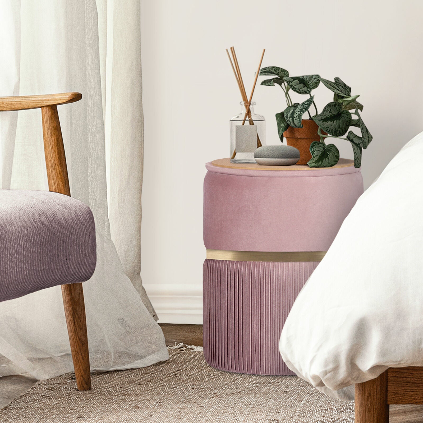 Ottomans & Footstools: 2X Side Table Storage Ottoman - Velvet Padded Stool Vanity Footstool REMI Pink