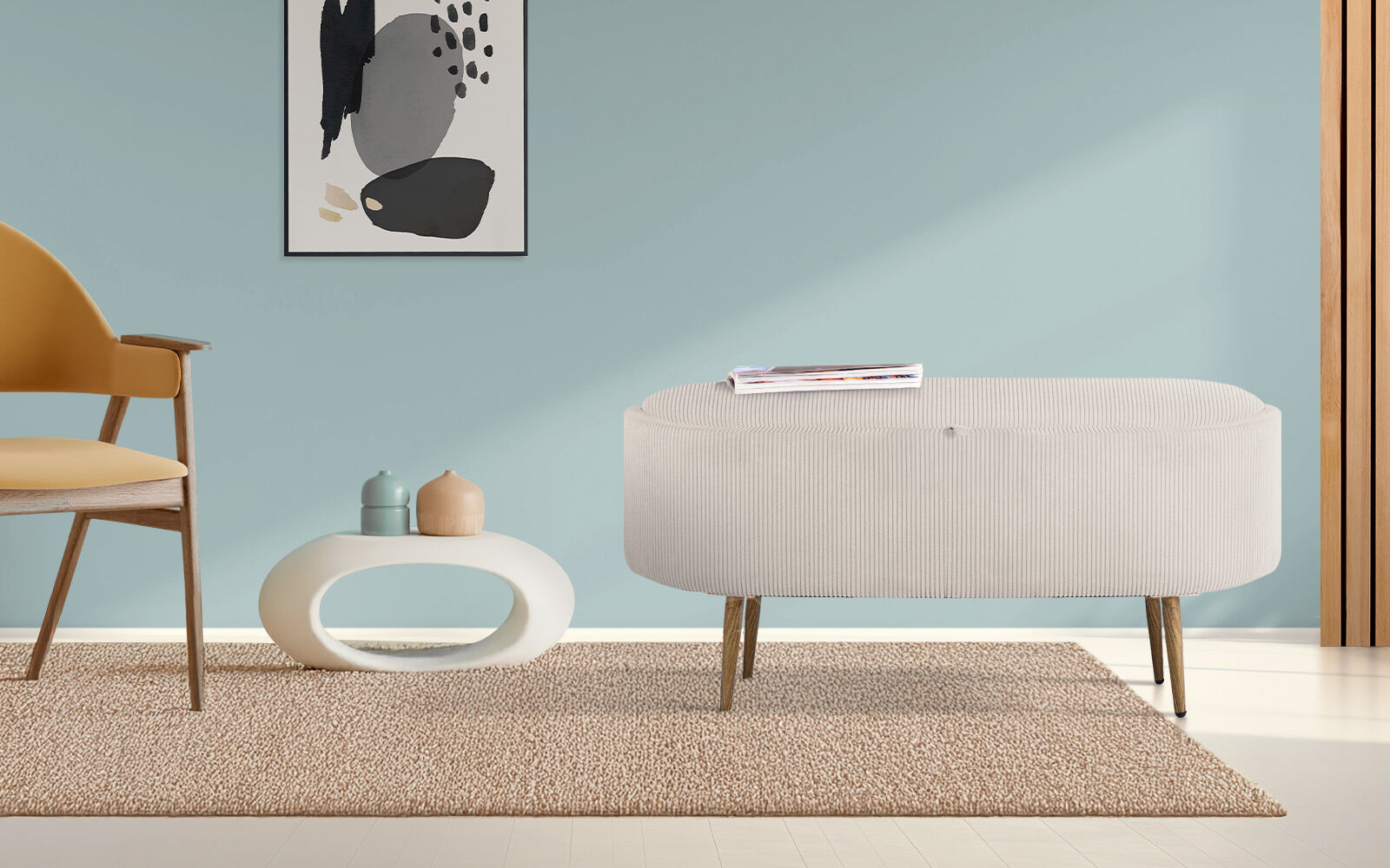 Ottomans & Footstools: Coffee Table Storage Ottoman - Corduroy Padded Blanket Box Bench ESME CREAM