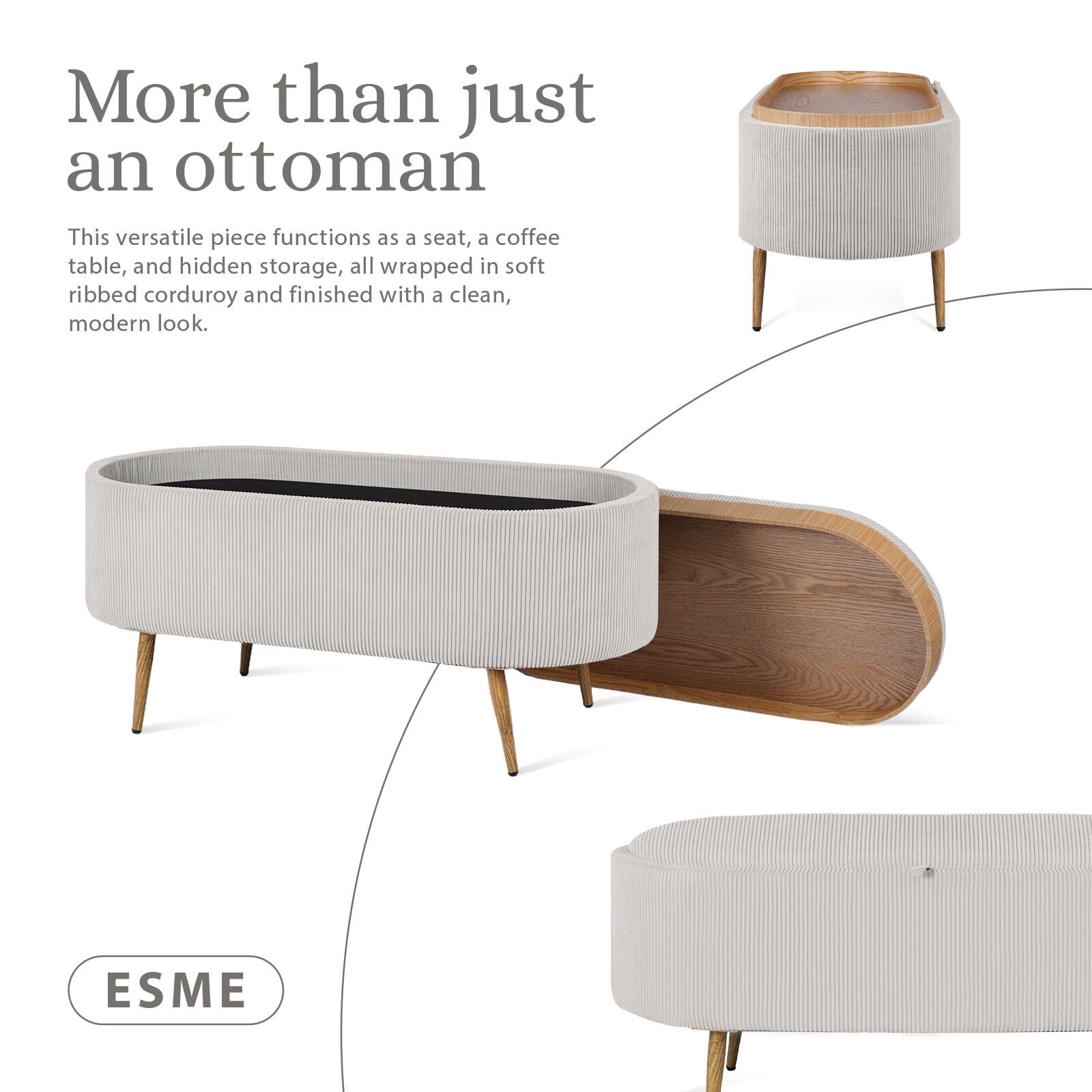 Ottomans & Footstools: Coffee Table Storage Ottoman - Corduroy Padded Blanket Box Bench ESME CREAM