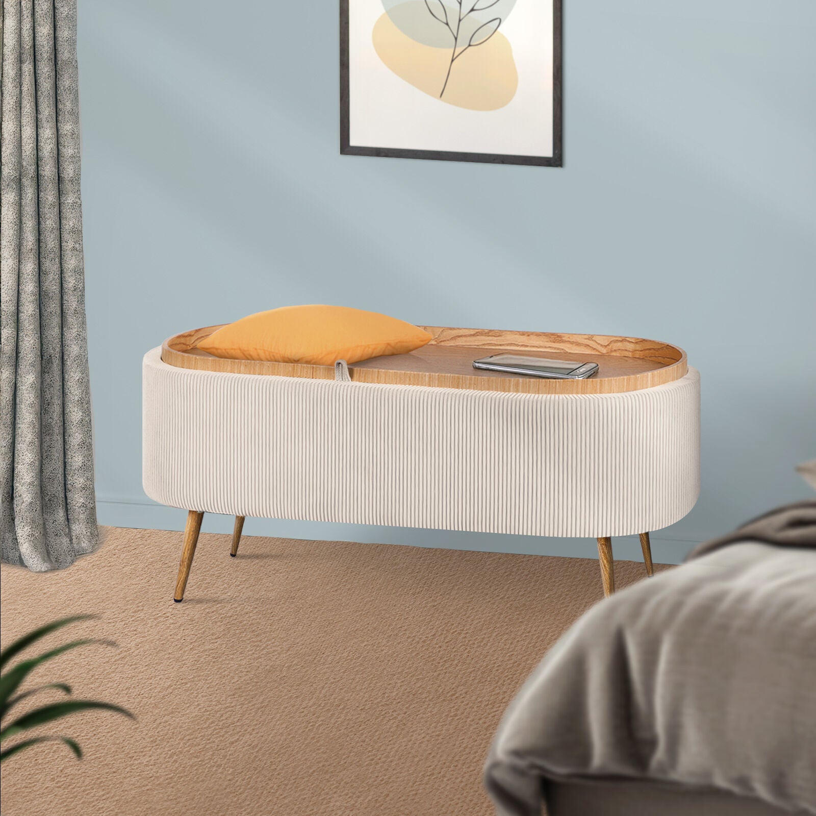 Ottomans & Footstools: Coffee Table Storage Ottoman - Corduroy Padded Blanket Box Bench ESME CREAM