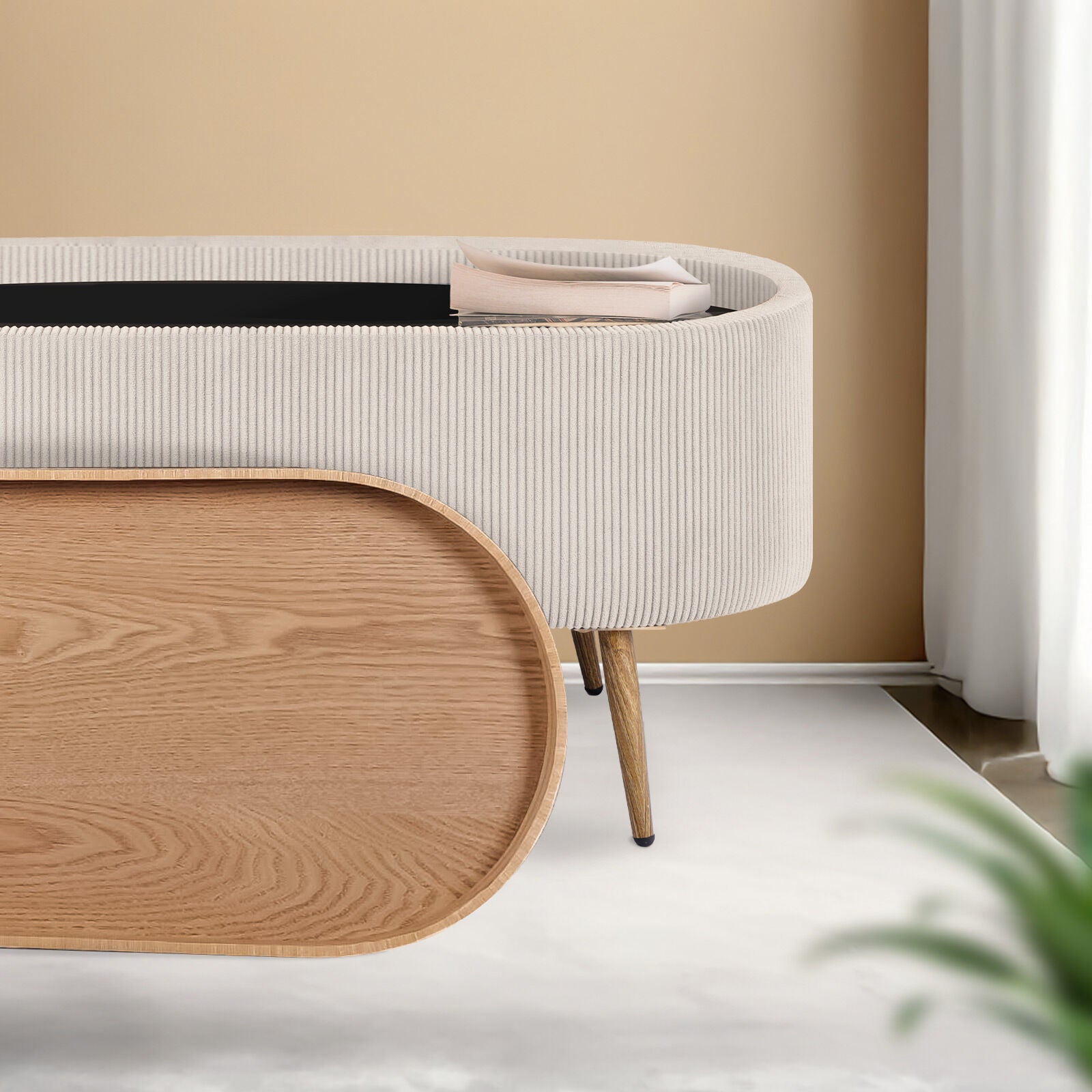 Ottomans & Footstools: Coffee Table Storage Ottoman - Corduroy Padded Blanket Box Bench ESME CREAM