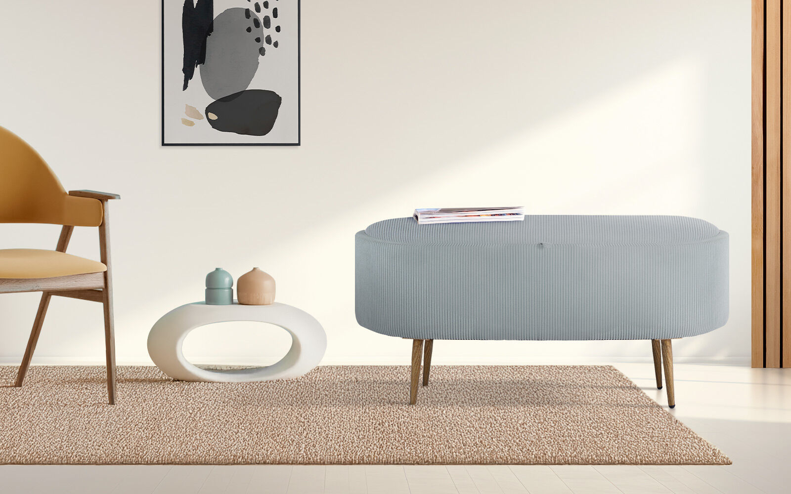 Ottomans & Footstools: Coffee Table Storage Ottoman - Corduroy Padded Blanket Box Bench ESME - DUSTY BLUE