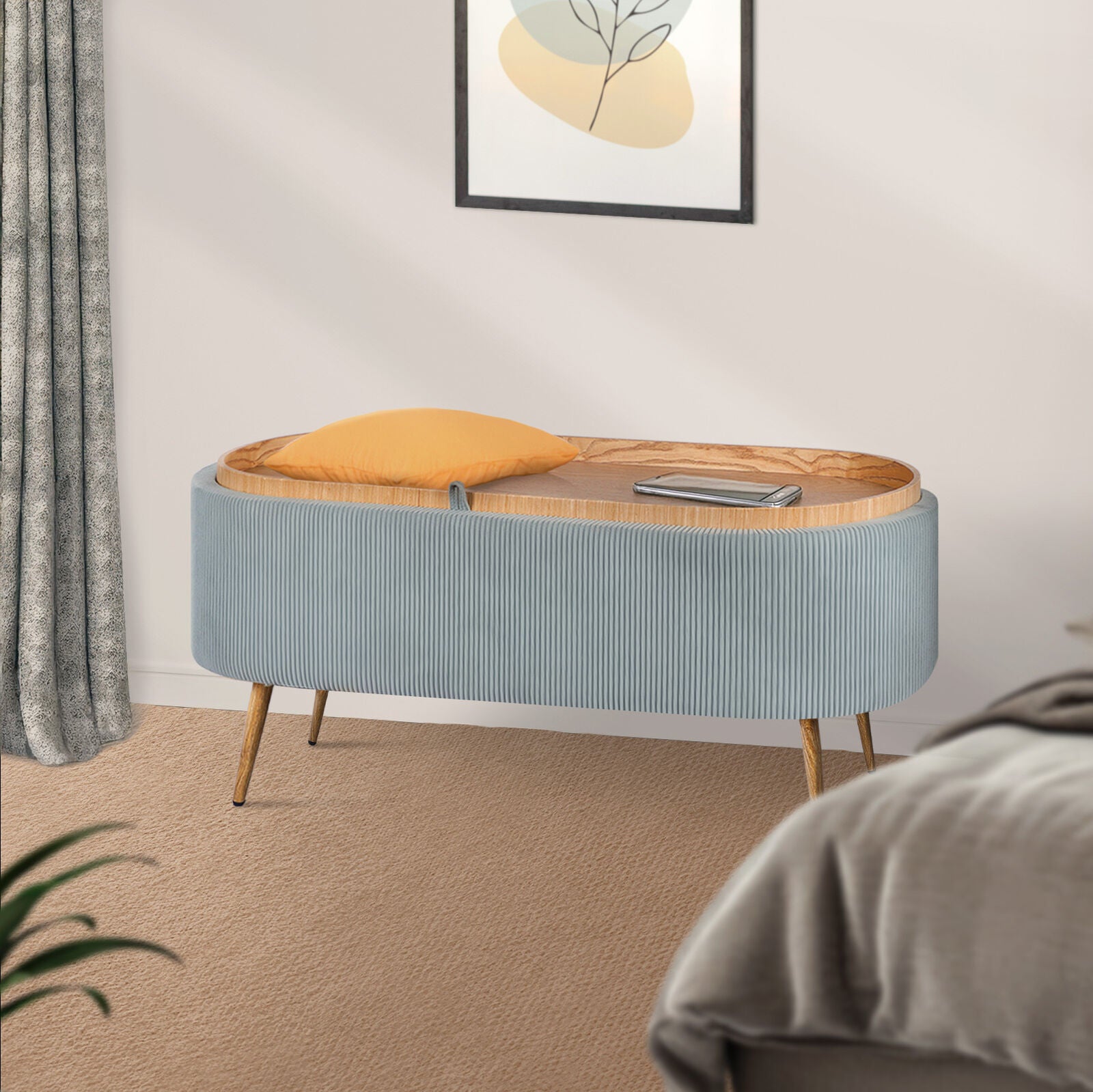 Ottomans & Footstools: Coffee Table Storage Ottoman - Corduroy Padded Blanket Box Bench ESME - DUSTY BLUE